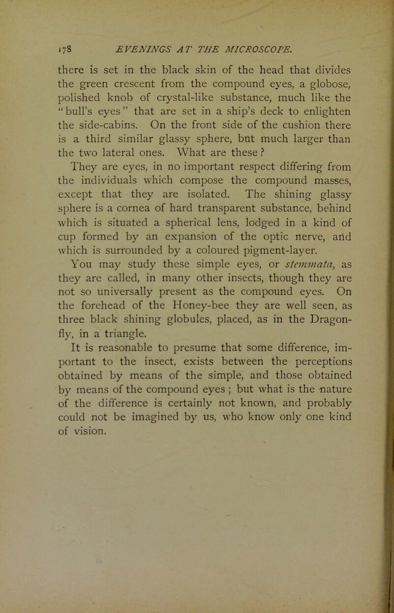 there is set in the black skin of the head that divides the green crescent from the compound eyes, a globose, polished knob of crystal-like substance, much like the “ bull’s eyes ” that are set in a ship’s deck to enlighten the side-cabins. On the front side of the cushion there is a third similar glassy sphere, but much larger than the two lateral ones. What are these ? They are eyes, in no important respect differing from the individuals which compose the compound masses, except that they are isolated. The shining glassy sphere is a cornea of hard transparent substance, behind which is situated a spherical lens, lodged in a kind of cup formed by an expansion of the optic nerve, and which is surrounded by a coloured pigment-layer. You may study these simple eyes, or stemmata, as they are called, in many other insects, though they are not so universally present as the compound eyes. On the forehead of the Honey-bee they are well seen, as three black shining globules, placed, as in the Dragon- fly, in a triangle. It is reasonable to presume that some difference, im- portant to the insect, exists between the perceptions obtained by means of the simple, and those obtained by means of the compound eyes ; but what is the nature of the difference is certainly not known, and probably could not be imagined by us, who know only one kind of vision.