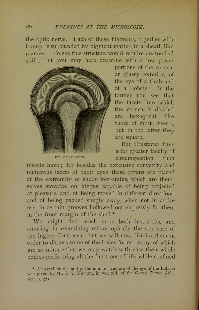 the optic nerve. Each of these filaments, together with its cup, is surrounded by pigment matter, in a sheath-like manner. To see this structure would require anatomical skill; but you may here examine with a low power portions of the cornea, or glassy exterior, of the eye of a Crab and of a Lobster. In the former you see that the facets into which the cornea is divided are hexagonal, like those of most Insects, but in the latter they are square. But Crustacea have a far greater faculty of circumspection than insects have ; for besides the extensive convexity and numerous facets of their eyes these organs are placed at the extremity of shelly foot-stalks, which are them- selves movable on hinges, capable of being projected at pleasure, and of being moved in different directions, and of being packed snugly away, when not in active use, in certain grooves hollowed out expressly for them in the front margin of the shell.* We might find much more both instructive and amusing in examining microscopically the structure of the higher Crustacea ; but we will now dismiss them in order to discuss some of the lower forms, many of which are so minute that we may watch with ease their whole bodies performing all the functions of life, while confined * An excellent account of the minute structure of the eye of the Lobster was given by Mr. E. T. Newton, in vol. xiii. of the Quart. Journ. Alicr. Sd., p. 325.
