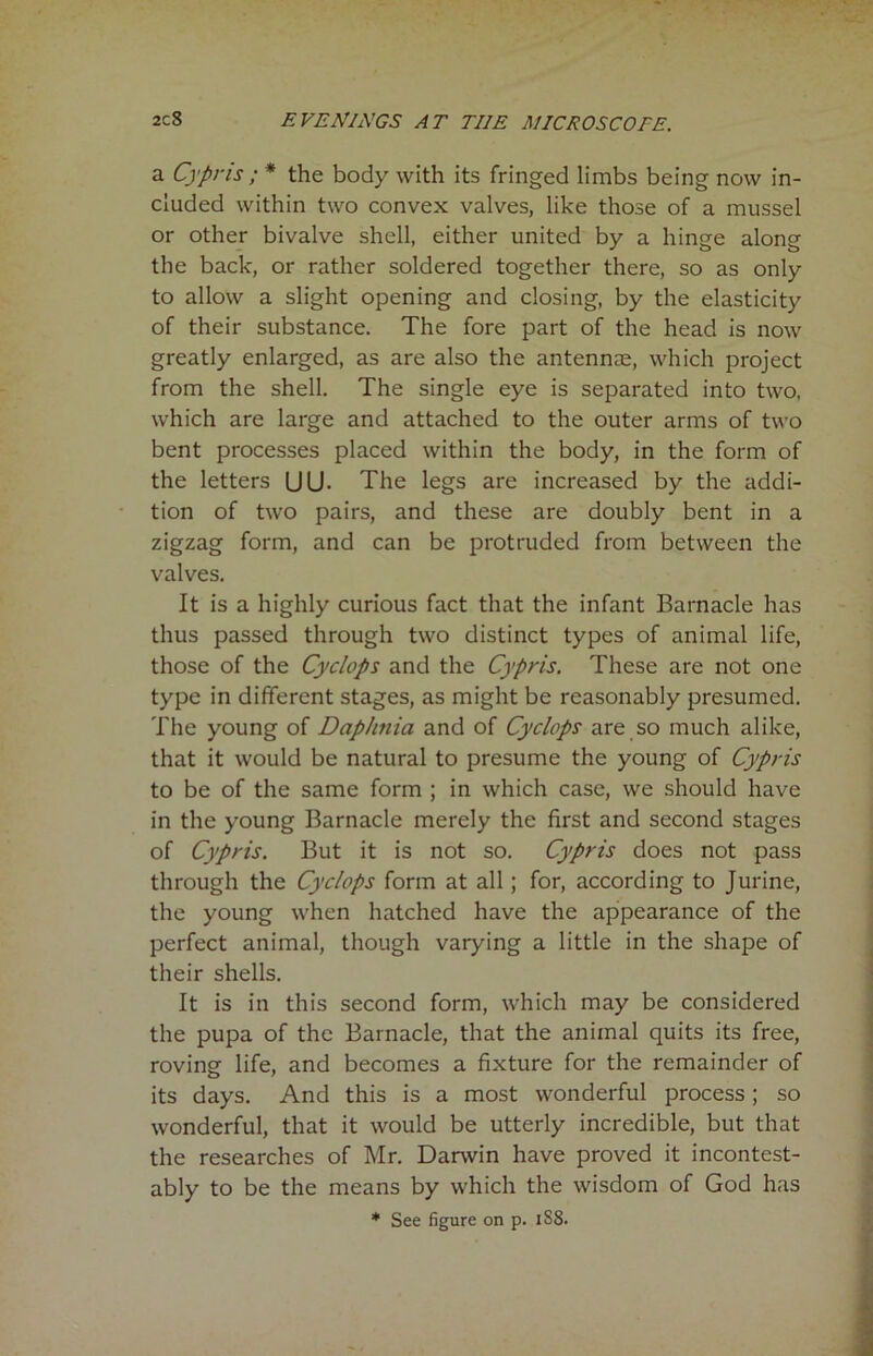 a Cypris ; * the body with its fringed limbs being now in- cluded within two convex valves, like those of a mussel or other bivalve shell, either united by a hinge along the back, or rather soldered together there, so as only to allow a slight opening and closing, by the elasticity of their substance. The fore part of the head is now greatly enlarged, as are also the antennce, which project from the shell. The single eye is separated into two. which are large and attached to the outer arms of two bent processes placed within the body, in the form of the letters (JU- The legs are increased by the addi- tion of two pairs, and these are doubly bent in a zigzag form, and can be protruded from between the valves. It is a highly curious fact that the infant Barnacle has thus passed through two distinct types of animal life, those of the Cyclops and the Cypris. These are not one type in different stages, as might be reasonably presumed. The young of Daphnia and of Cyclops are so much alike, that it would be natural to presume the young of Cypris to be of the same form ; in which case, we should have in the young Barnacle merely the first and second stages of Cypris. But it is not so. Cypris does not pass through the Cyclops form at all; for, according to Jurine, the young when hatched have the appearance of the perfect animal, though varying a little in the shape of their shells. It is in this second form, which may be considered the pupa of the Barnacle, that the animal quits its free, roving life, and becomes a fixture for the remainder of its days. And this is a most wonderful process; so wonderful, that it would be utterly incredible, but that the researches of Mr. Darwin have proved it incontest- ably to be the means by which the wisdom of God has * See figure on p. 1S8.