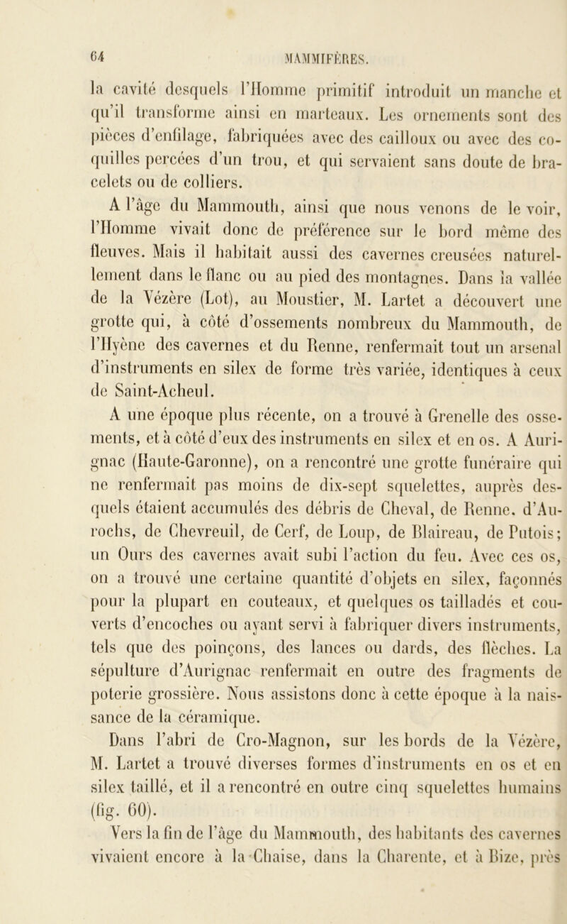 la cavité desquels l’Homme primitif introduit un manche et qu’il translorme ainsi en marteaux. Les ornements sont des pièces d’enfdage, fabriquées avec des cailloux ou avec des co- quilles percées d’un trou, et qui servaient sans doute de bra- celets ou de colliers. A l’âge du Mammouth, ainsi que nous venons de le voir, l’Homme vivait donc de préférence sur le bord meme des fleuves. Mais il bal)itait aussi des cavernes creusées naturel- lement dans le flanc ou au pied des montagnes. Dans la vallée de la \ézère (Lot), au Moustier, M. Lartet a découvert une grotte qui, â côté d’ossements nombreux du Mammouth, de l’Hyène des cavernes et du Renne, renfermait tout un arsenal d’instruments en silex de forme très variée, identiques à ceux de Saint-Acheul. A une époque plus récente, on a trouvé à Grenelle des osse- ments, et à côté d’eux des instruments en silex et en os. A Auri- gnac (Haute-Garonne), on a rencontré une grotte funéraire qui ne renfermait pas moins de dix-sept squelettes, auprès des- quels étaient accumulés des débris de Cheval, de Renne. d’Au- roebs, de Chevreuil, de Cerf, de Loup, de Rlaireau, de Putois; un Ours des cavernes avait subi l’action du feu. Avec ces os, on a trouvé une certaine quantité d’objets en silex, façonnés pour la plupart en couteaux, et quelques os tailladés et cou- verts d’encoches ou ayant servi à fabriquer divers instruments, tels que des poinçons, des lances ou dards, des flèches. La sépulture d’Aurignac renfermait en outre des fragments de poterie grossière. Nous assistons donc à cette époque à la nais- sance de la céramique. Dans l’abri de Cro-Magnon, sur les bords de la Yézèrc, M. Lartet a trouvé diverses formes d’instruments en os et en silex taillé, et il a rencontré en outre cinq squelettes humains ((ig. 00). Vers la fin de l’âge du Mammouth, des habitants des cavernes vivaient encore â la-Chaise, dans la Charente, et à Bize, près