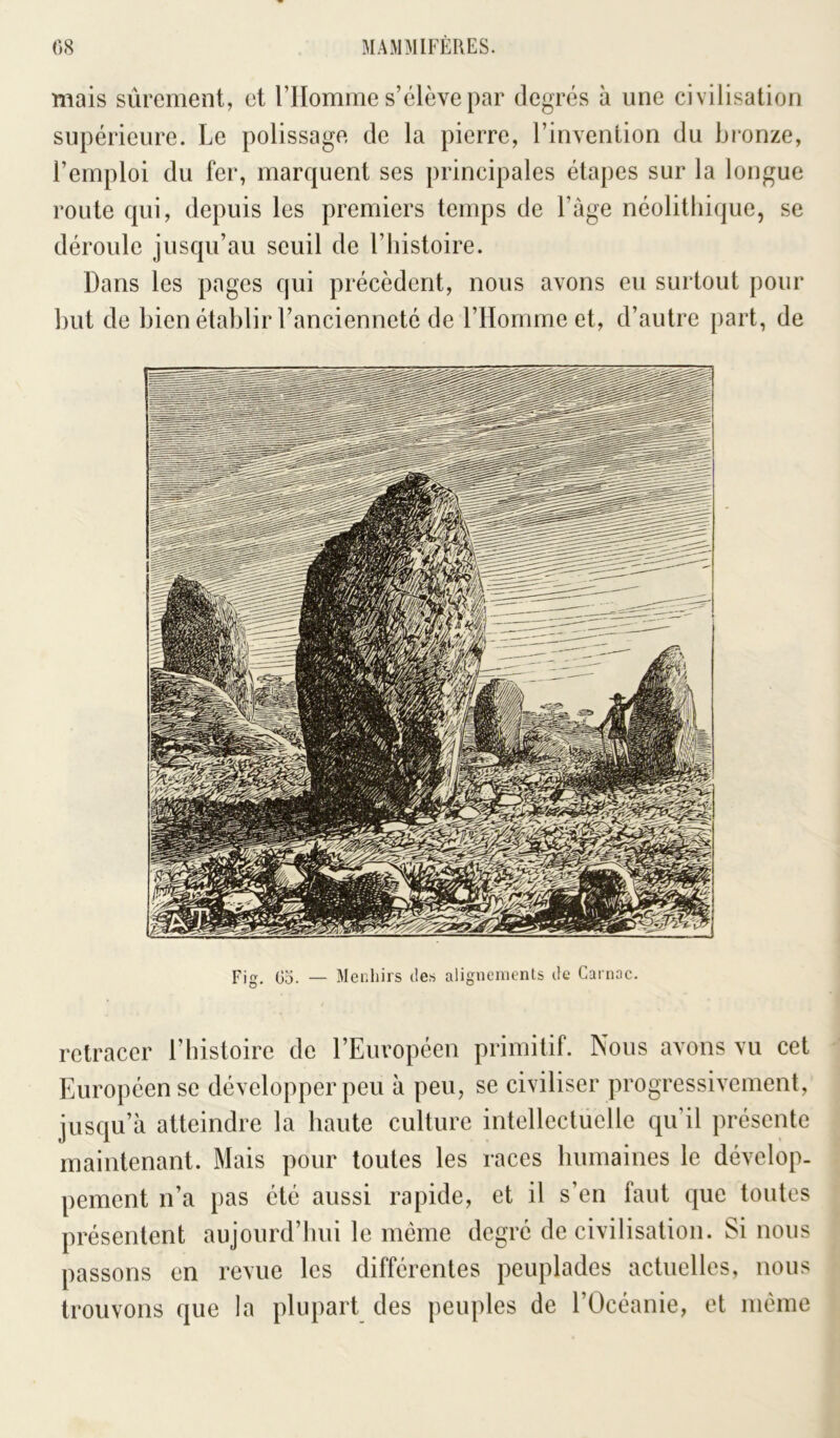 mais sûrement, et rilomme s’élève par degrés à une civilisation supérieure. Le polissage, de la pierre, l’invention du bi'onze, l’emploi du fer, marquent ses principales étapes sur la longue route qui, depuis les premiers temps de l’àge néolitlii(|ue, se déroule jusqu’au seuil de l’histoire. Dans les pages qui précèdent, nous avons eu surtout pour but de bienétablir l’ancienneté de l’Homme et, d’autre part, de Fig. Go. — Menhirs des alignements de Canioc. retracer l’histoire de l’Européen primitif. Nous avons vu cet Européen se développer peu à peu, se civiliser progressivement, jusqu’à atteindre la haute culture intellectuelle qu’il présente maintenant. Mais pour toutes les races humaines le dévelop- pement n’a pas été aussi rapide, et il s’en faut que toutes présentent aujourd’hui le meme degré de civilisation. Si nous passons en revue les différentes peuplades actuelles, nous trouvons que la plupart des peuples de l’Océanie, et même