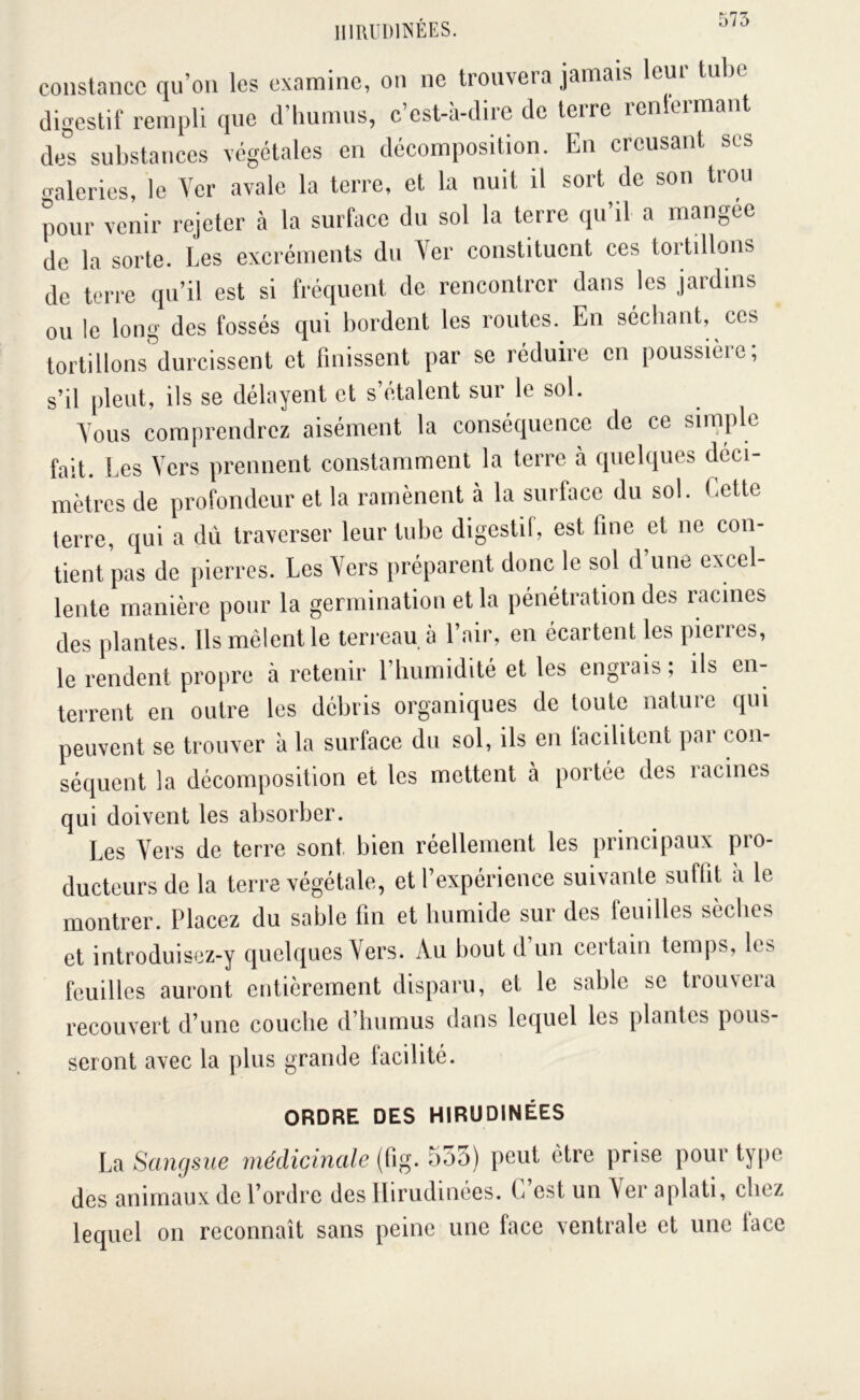 IIIRIIDIÎSÉES. constance qn’on les examine, on ne trouvera jamais leur tube digestif rempli que d’humus, c’est-à-dire de terre renlermant de°s substances végétales en décomposition. En creusant scs «paieries, le Ver avale la terre, et la nuit il sort de son trou pour venir rejeter à la surface du sol la terre qu’il a mangée de la sorte. Les excréments du Ver constituent ces tortillons de terre qu’il est si fréquent de rencontrer dans les jardins ou le long des fossés qui bordent les routes. En séchant, ces tortillons durcissent et finissent par se réduire en poussière; s’il pleut, ils se délayent et s’étalent sur le sol. Vous comprendrez aisément la conséquence de ce simple fait. Les Vers prennent constamment la terre à quelques déci- mètres de profondeur et la ramènent à la surface du sol. Cette terre, qui a dù traverser leur tube digestif, est fine et ne con- tient pas de pierres. Les Vers préparent donc le sol d’une excel- lente manière pour la germination et la pénétration des racines des plantes. Ils mêlent le terreau à l’air, en écartent les pierres, le rendent propre à retenir l’humidité et les engrais ; ils en- terrent en outre les débris organiques de toute nature qui peuvent se trouver à la surface du sol, ils en lacilitent par con- séquent la décomposition et les mettent à portée des lacines qui doivent les absorber. Les Vers de terre sont bien réellement les principaux pro- ducteursdo la terre végétale, et l’expérience suivante suffit à le montrer. Placez du sable fin et humide sur des feuilles sèches et introduisez-y quelques Vers. Au bout d un ceitain temps, les feuilles auront entièrement disparu, et le sable se trouvera recouvert d’une couche d’humus dans lequel les plantes pous- seront avec la pins grande facilité. ORDRE DES HIRUDINÉES La Sanfjsiie médicinale (fig. 555) peut être prise pour tyjic des animaux de l’ordre des llirudinées. C’est un Ver aplati, chez lequel on reconnaît sans peine une face ventrale et une lace