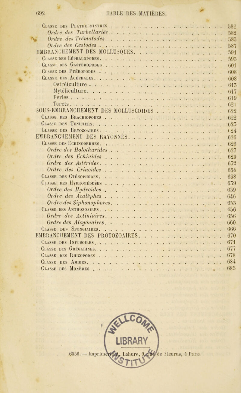 M Classe i>es PLATirELMixTUES 5^-2 Ordre des Turbellariés 582 Ordre des Trématodes 585 Ordre des Ceslodes 587 EMBRANCHEMENT DES MOLLUSQUES ! ! . . 591 Classe des Céimïalopodes 595 Classe des Gastéropodes 001 . .< . Classe des Pïéropodes 608 ' Classe des Acéphales 008 Ostréiculture 015 Myléliculture (U7 Perles 019 Tarets 021 150US-EMBRANCI1EMENT DES MOLLUSCOIDES . * . ^ ' 022 Classe des Braghiopodes 022 Classe des Tuniciers 025 Classe des Bryozoaires (.24 EMBRANCHEMENT DES R.AYONNÉS . ' ^ . 020 t Classe DES Echïnodermes 020 Ordre des Holoihurides . 027 Ordre des Échinides ... . . . 029 Ordre des Astérides 052 Ordre des Crinoïdes 054 Classe des Cténophores 058 Classe des Hydromédüses 059 Ordre des Ihjdroïdes 059 Ordre des Acalèjdies 040 Ordre des Siphonopliores. 055 Classe des Anthozoaires 050 Ordre des Actiniaires 050 Ordre des Alcyonaires 000 Classe des Spongiaires . . . 000 EMBRANCHEMENT DES PROTOZOAIRES 070 Classe des Inelsoires. 671 Classe des Grégarines 677 Classe des Riiizopodes 678 Classe des Amibes 684 Classe dés Monères 085