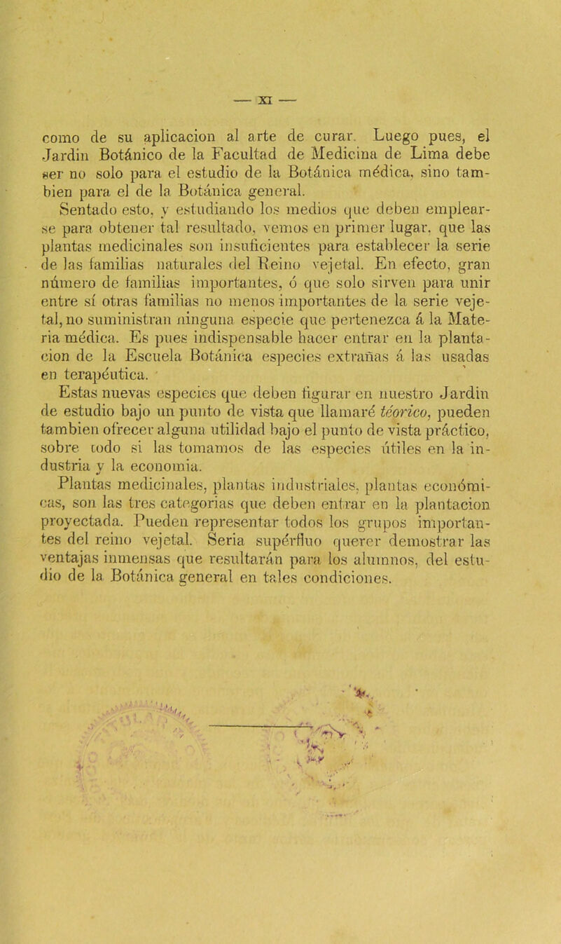 como de su aplicación al arte de curar. Luego pues, el Jardin Botánico de la Facultad de Medicina de Lima debe ser no solo para el estudio de la Botánica médica, sino tam- bién para el de la Botánica general. Sentado esto, y estudiando los medios que deben emplear- se para obtener tal resultado, vemos en primer lugar, que las plantas medicinales son insuficientes para establecer la serie de las familias naturales del Reino vejetal. En efecto, gran número de familias importantes, ó que solo sirven para unir entre sí otras familias no menos importantes de la serie veje- tai, no suministran ninguna especie que pertenezca á la Mate- ria médica. Es pues indispensable hacer entrar en la planta- ción de la Escuela Botánica especies extrañas á las usadas en terapéutica. Estas nuevas especies que deben figurar en nuestro Jardin de estudio bajo un punto de vista que llamaré téorico, pueden también ofrecer alguna utilidad bajo el punto de vista práctico, sobre codo si las tomamos de las especies útiles en la in- dustria v la economía. •s Plantas medicinales, plantas industriales, plantas económi- cas, son las tres categorías que deben entrar en la plantación proyectada. Pueden representar todos los grupos importan- tes del reino vejetal. Seria supérfiuo querer demostrar las ventajas inmensas que resultarán para los alumnos, del estu- dio de la Botánica general en tales condiciones. \ * —v 7 'ríV % * .1 :