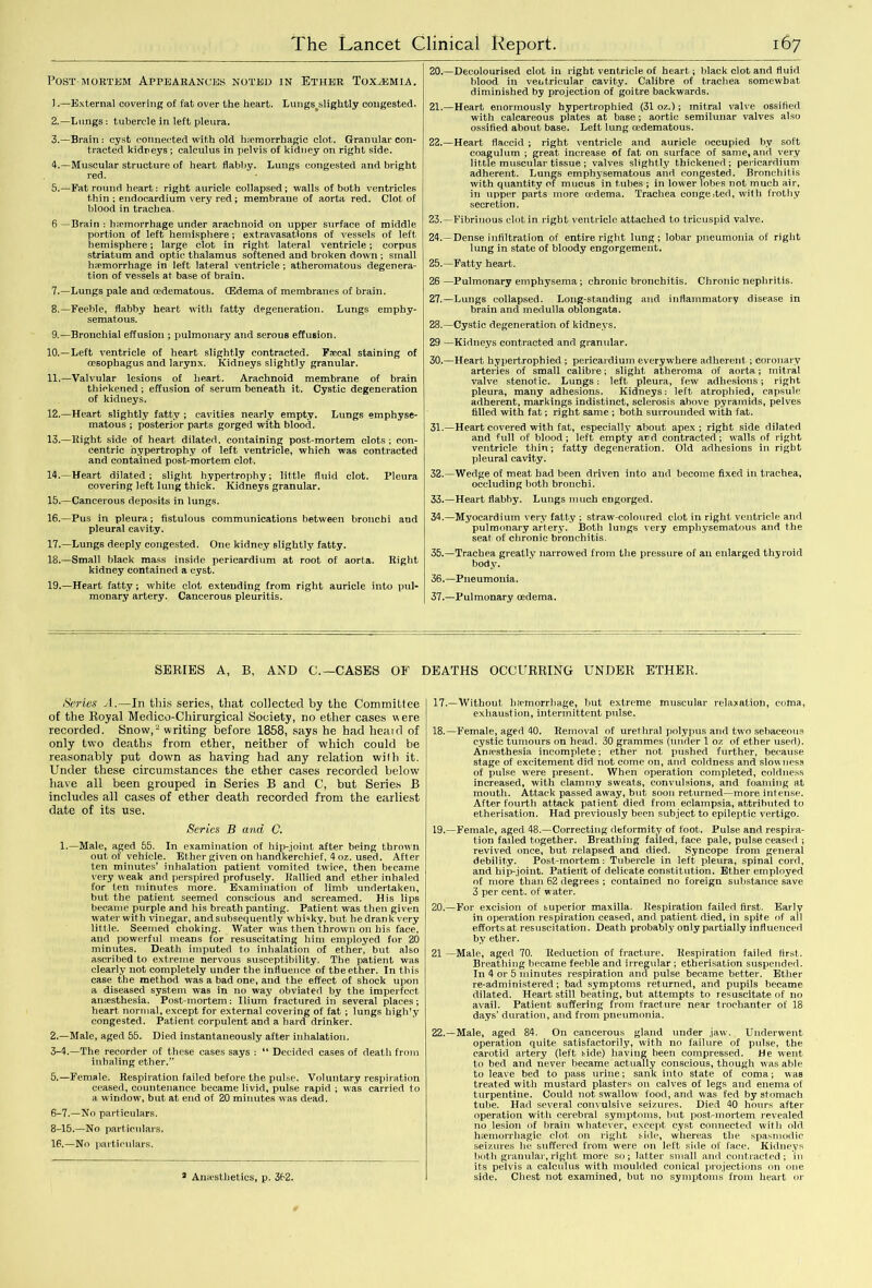 Post-mortem Appearances noted in Ether Toxaemia. 1. —External covering of fat over the heart. Lungsjdightly congested. 2. —Lungs: tubercle in left pleura. 3. —Brain: cyst connected with old hemorrhagic clot. Granular con- tracted kidneys; calculus in pelvis of kidney on right side. 4. —Muscular structure of heart flabby. Lungs congested and bright red. 5. —Fat round heart: right auricle collapsed; walls of both ventricles thin ; endocardium very red ; membrane of aorta red. Clot of blood in trachea. 6 —Brain : hemorrhage under arachnoid on upper surface of middle portion of left hemisphere; extravasations of vessels of left hemisphere; large clot in right lateral ventricle; corpus striatum and optic thalamus softened and broken down ; small hemorrhage in left lateral ventricle ; atheromatous degenera- tion of vessels at base of brain. 7. —Lungs pale and cedematous. (Edema of membranes of brain. 8. —Feeble, flabby heart with fatty degeneration. Lungs emphy- sematous. 9. —Bronchial effusion ; pulmonary and serous effusion. 10. —Left ventricle of heart slightly contracted. Faecal staining of oesophagus and larynx. Kidneys slightly granular. 11. —Valvular lesions of heart. Arachnoid membrane of brain thickened ; effusion of serum beneath it. Cystic degeneration of kidneys. 12. —Heart slightly fatty ; cavities nearly empty. Lungs emphyse- matous ; posterior parts gorged with blood. 13. —Right side of heart dilated, containing post-mortem clots; con- centric hypertrophy of left ventricle, which was contracted and contained post-mortem clot. 14. —Heart dilated; slight hypertrophy; little fluid clot. Pleura covering left lung thick. Kidneys granular. 15. —Cancerous deposits in lungs. 16. —Pus in pleura; fistulous communications between bronchi and pleural cavity. 17. —Lungs deeply congested. One kidney slightly fatty. 18. —Small black mass inside pericardium at root of aorta. Right kidney contained a cyst. 19. —Heart fatty; white clot extending from right auricle into pul- monary artery. Cancerous pleuritis. 20. —Decolourised clot in right ventricle of heart; black clot and fluid blood in ventricular cavity. Calibre of trachea somewhat diminished by projection of goitre backwards. 21. —Heart enormously hypertrophied (31 oz.); mitral valve ossified with calcareous plates at base; aortic semilunar valves also ossified about base. Left lung cedematous. 22. —Heart flaccid ; right ventricle and auricle occupied by soft coagulum ; great increase of fat on surface of same, and very little muscular tissue ; valves slightly thickened ; pericardium adherent. Lungs emphysematous and congested. Bronchitis with quantity of mucus in tubes ; in lower lobes not much air, in upper parts more oedema. Trachea congested, with frothy secretion. 23. —Fibrinous clot in right ventricle attached to tricuspid valve. 24. —Dense infiltration of entire right lung; lobar pneumonia of right lung in state of bloody engorgement. 25. —Fatty heart. 26 —Pulmonary emphysema; chronic bronchitis. Chronic nephritis. 27. —Lungs collapsed. Long-standing and inflammatory disease in brain and medulla oblongata. 28. —Cystic degeneration of kidneys. 29 —Kidneys contracted and granular. 30. —Heart hypertrophied ; pericardium everywhere adherent; coronary arteries of small calibre; slight atheroma of aorta; mitral valve stenotic. Lungs: left pleura, few adhesions; right pleura, many adhesions. Kidneys: left atrophied, capsule adherent, markings indistinct, sclerosis above pyramids, pelves filled with fat; right same ; both surrounded with fat. 31. —Heart covered with fat, especially about apex; right side dilated and full of blood; left empty ard contracted; walls of right ventricle thin; fatty degeneration. Old adhesions in right pleural cavity. 32. —Wedge of meat bad been driven into and become fixed in trachea, occluding both bronchi. 33. —Heart flabby. Lungs much engorged. 34. —Myocardium very fatty ; straw-coloured clot in right ventricle and pulmonary artery. Both lungs very emphysematous and the seat of chronic bronchitis. 35. —Trachea greatly narrowed from the pressure of an enlarged thyroid body. 36. —Pneumonia. 37. —Pulmonary oedema. SERIES A, B, AND C.—CASES OF DEATHS OCCURRING UNDER ETHER. Series A.—In this series, that collected by the Committee of the Royal Medico-Chirurgical Society, no ether cases were recorded. Snow,'2 writing before 1858, says he had heard of only two deaths from ether, neither of which could be reasonably put down as having had any relation with it. Under these circumstances the ether cases recorded below have all been grouped in Series B and C, but Series B includes all cases of ether death recorded from the earliest date of its use. S'cries B and 0. 1.—Male, aged 55. In examination of hip-joint after being thrown out of vehicle. Ether given on handkerchief, 4oz. used. After ten minutes’ inhalation patient vomited twice, then became very weak and perspired profusely. Rallied and ether inhaled for ten minutes more. Examination of limb undertaken, but the patient seemed conscious and screamed. His lips became purple and his breath panting. Patient was then given water with vinegar, and subsequently whisky, but he drank very little. Seemed choking. Water was then thrown on his face, and powerful means for resuscitating him employed for 20 minutes. Death imputed to inhalation of ether, but also ascribed to extreme nervous susceptibility. The patient was clearly not completely under the influence of the ether. In this case the method was a bad one, and the effect of shock upon a diseased system was in no way obviated by the imperfect- anaesthesia. Post-mortem: Ilium fractured in several places; heart normal, except for external covering of fat ; lungs high’y congested. Patient corpulent and a hard drinker. 2.—Male, aged 55. Died instantaneously after inhalation. 3-4.—The recorder of these cases says : “ Decided cases of death from inhaling ether.” 5.—Female. Respiration failed before the pulse. Voluntary respiration ceased, countenance became livid, pulse rapid ; was carried to a window, but at end of 20 minutes was dead. 6-7.—No particulars. 8-15.—No particulars. 16.—No particulars. 17. —Without hemorrhage, but extreme muscular relaxation, coma, exhaustion, intermittent pulse. 18. —Female, aged 40. Removal of urethral polypus and two sebaceous cystic tumours on head. 30 grammes (under 1 oz of ether used). Anesthesia incomplete; ether not pushed further, because stage of excitement did not come on, and coldness and slowness of pulse were present. When operation completed, coldness increased, with clammy sweats, convulsions, and foaming at mouth. Attack passed away, but soon returned—more intense. After fourth attack patient died from eclampsia, attributed to etherisation. Had previously been subject to epileptic vertigo. 19. —Female, aged 48.—Correcting deformity of foot. Pulse and respira- tion failed together. Breathing failed, face pale, pulse ceased ; revived once, but relapsed and died. Syncope from general debility. Post-mortem: Tubercle in left pleura, spinal cord, and hip-joint. Patient of delicate constitution. Ether employed of more than 62 degrees ; contained no foreign substance save 3 per cent, of water. 20. —For excision of superior maxilla. Respiration failed first. Early in operation respiration ceased, and patient died, in spite of ail effort-sat- resuscitation. Death probably only partially influenced by ether. 21 —Male, aged 70. Reduction of fracture. Respiration failed first. Breathing became feeble and irregular ; etherisation suspended. In 4 or 5 minutes respiration and pulse became better. Ether re-administered; bad symptoms returned, and pupils became dilated. Heart still beating, but attempts to resuscitate of no avail. Patient suffering from fracture near trochanter of 18 days’ duration, and from pneumonia. 22.—Male, aged 84. On cancerous gland under jaw. Underwent operation quite satisfactorily, with no failure of pulse, the carotid artery (left side) having been compressed. He went to bed and never became actually conscious, though was able to leave bed to pass urine; sank into state of coma; was treated with mustard plasters on calves of legs and enema of turpentine. Could not swallow food, and was fed by stomach tube. Had several convulsive seizures. Died 40 hours after operation with cerebral symptoms, but post-mortem revealed no lesion of brain whatever, except cyst connected with old hemorrhagic clot on right side, whereas the spasmodic seizures he suffered from were on left side of face. Kidneys both granular, right more so; latter small and contracted; in its pelvis a calculus with moulded conical projections on one side. Chest not examined, but no symptoms from heart or 2 Anesthetics, p. 362.