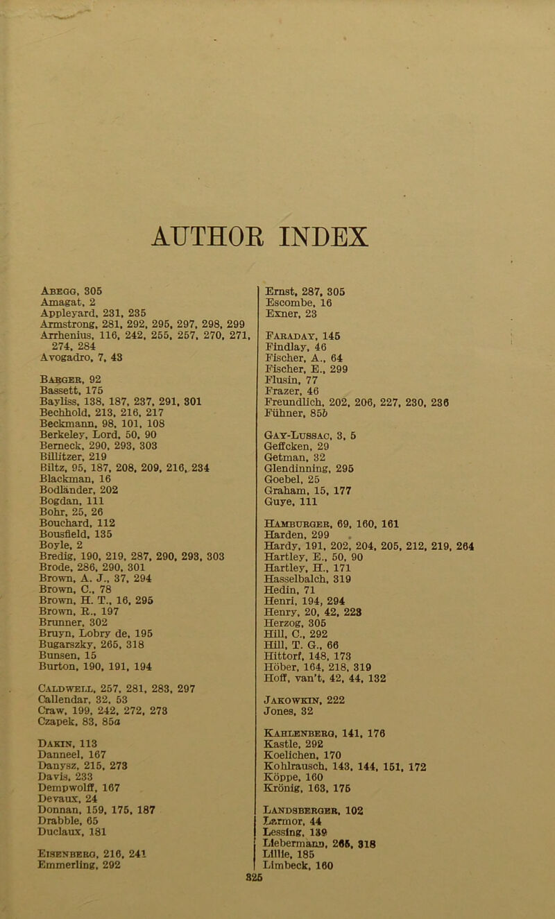 AUTHOR INDEX Abegg, 305 Amagat, 2 Appleyard, 231, 235 Armstrong, 281, 292, 295, 297, 298, 299 Arrhenius, 116, 242, 255, 257, 270, 271, 274, 284 Avogadro, 7, 43 Barger, 92 Bassett, 175 Bayliss, 138, 187, 237, 291, 301 Bechhold, 213, 216, 217 Beckmann, 98, 101, 108 Berkeley, Lord, 50, 90 Bemeck, 290, 293, 303 Billitzer, 219 Biltz, 95, 187, 208. 209, 216, 234 Blackman, 16 Bodlander, 202 Bogdan, 111 Bohr, 25, 26 Bouchard, 112 Bousfield, 135 Boyle, 2 Bredig, 190, 219, 287, 290, 293, 303 Brode, 286, 290. 301 Brown, A. J., 37, 294 Brown, C„ 78 Brown, H. T„ 16, 295 Brown, B., 197 Brunner, 302 Bruyn, Lobry de, 195 Bugarszky, 265, 318 Bimsen, 15 Burton, 190, 191, 194 Caldwell, 257, 281, 283, 297 Callendar, 32, 53 Craw. 199, 242, 272, 273 Czapek, 83, 85a Dakin, 113 Danneel, 167 Danysz, 215, 273 Davis, 233 Dempwolff, 167 Devaux, 24 Donnan, 159. 175, 187 Drabble, 65 Duclaux, 181 Eisenberg, 216, 241 Emmerling, 292 Ernst, 287, 305 Escombe, 16 Exner, 23 Faraday, 145 Findlay, 46 Fischer, A., 64 Fischer, E., 299 Flusin, 77 Frazer, 46 Freundlich, 202, 206, 227, 230, 236 Fiihner, 856 Gay-Lussac, 3, 5 Geffcken, 29 Getman, 32 Glendinning, 295 Goebel, 25 Graham, 15, 177 Guye, 111 Hamburger, 69. 160, 161 Harden, 299 Hardy, 191, 202, 204, 205, 212, 219, 264 Hartley, E., 50, 90 Hartley, H., 171 Hasselbalch, 319 Hedin, 71 Henri, 194, 294 Henry, 20, 42, 223 Herzog, 306 Hill, C.. 292 Hill. T. G.. 66 Hittorf, 148, 173 Hober, 164, 218, 319 Hoff, van’t, 42, 44, 132 Jakowkin, 222 Jones, 32 Kahlenberq, 141, 176 Kastle, 292 Koelichen, 170 Kohlrausch, 143, 144, 151, 172 Koppe, 160 Kronig, 163, 176 Landsbergbr, 102 Larmor, 44 j Lessing, 139 J Liebermann, 265, 318 Lillie, 185 I Limbeck, 160 825