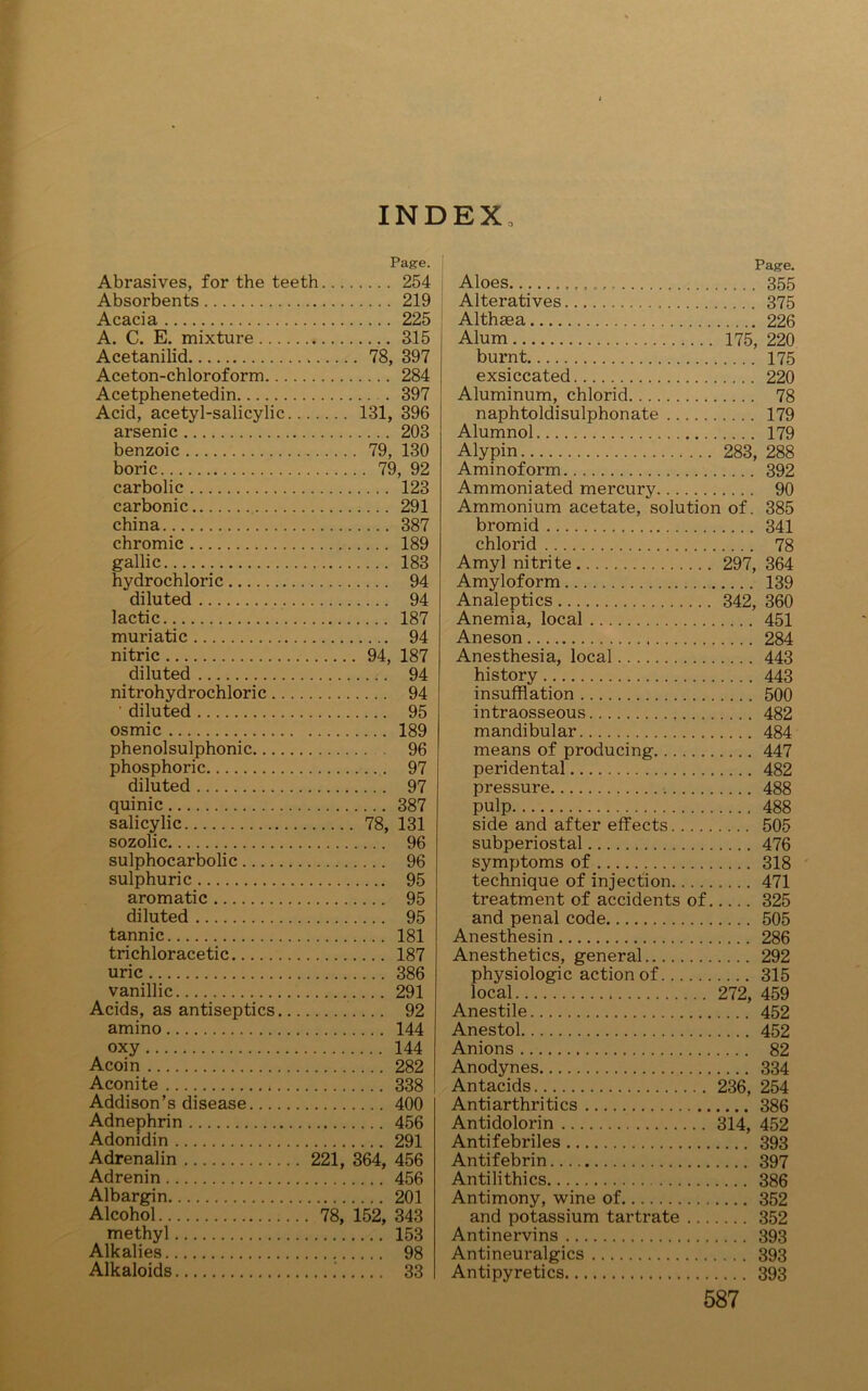 INDEX Page. Abrasives, for the teeth 254 Absorbents 219 Acacia 225 A. C. E. mixture 315 Acetanilid 78, 397 Aceton-chloroform 284 Acetphenetedin 397 Acid, acetyl-salicylic 131, 396 arsenic 203 benzoic 79, 130 boric 79, 92 carbolic 123 carbonic 291 china 387 chromic 189 gallic 183 hydrochloric 94 diluted 94 lactic 187 muriatic 94 nitric 94, 187 diluted 94 nitrohydrochloric 94 diluted 95 osmic 189 phenolsulphonic 96 phosphoric 97 diluted 97 quinic 387 salicylic 78, 131 sozolic 96 sulphocarbolic 96 sulphuric 95 aromatic 95 diluted 95 tannic 181 trichloracetic 187 uric 386 vanillic 291 Acids, as antiseptics 92 amino 144 oxy 144 Acoin 282 Aconite 338 Addison’s disease 400 Adnephrin 456 Adonidin 291 Adrenalin 221, 364, 456 Adrenin 456 Albargin 201 Alcohol 78, 152, 343 methyl 153 Alkalies 98 Alkaloids 33 Page. Aloes 355 Alteratives 375 Althaea 226 Alum 175, 220 burnt 175 exsiccated 220 Aluminum, chlorid 78 naphtoldisulphonate 179 Alumnol 179 Alypin 283, 288 Aminoform 392 Ammoniated mercury 90 Ammonium acetate/solution of. 385 bromid 341 chlorid 78 Amyl nitrite 297, 364 Amyloform 139 Analeptics 342, 360 Anemia, local 451 Aneson 284 Anesthesia, local 443 history 443 insufflation 500 intraosseous 482 mandibular 484 means of producing 447 peridental 482 pressure 488 pulp 488 side and after effects 505 subperiostal 476 symptoms of 318 technique of injection 471 treatment of accidents of 325 and penal code 505 Anesthesin 286 Anesthetics, general 292 physiologic action of 315 local 272, 459 Anestile 452 Anestol 452 Anions 82 Anodynes 334 Antacids 236, 254 Antiarthritics 386 Antidolorin 314, 452 Antifebriles 393 Antifebrin 397 Antilithics 386 Antimony, wine of 352 and potassium tartrate 352 Antinervins 393 Antineuralgics 393 Antipyretics 393
