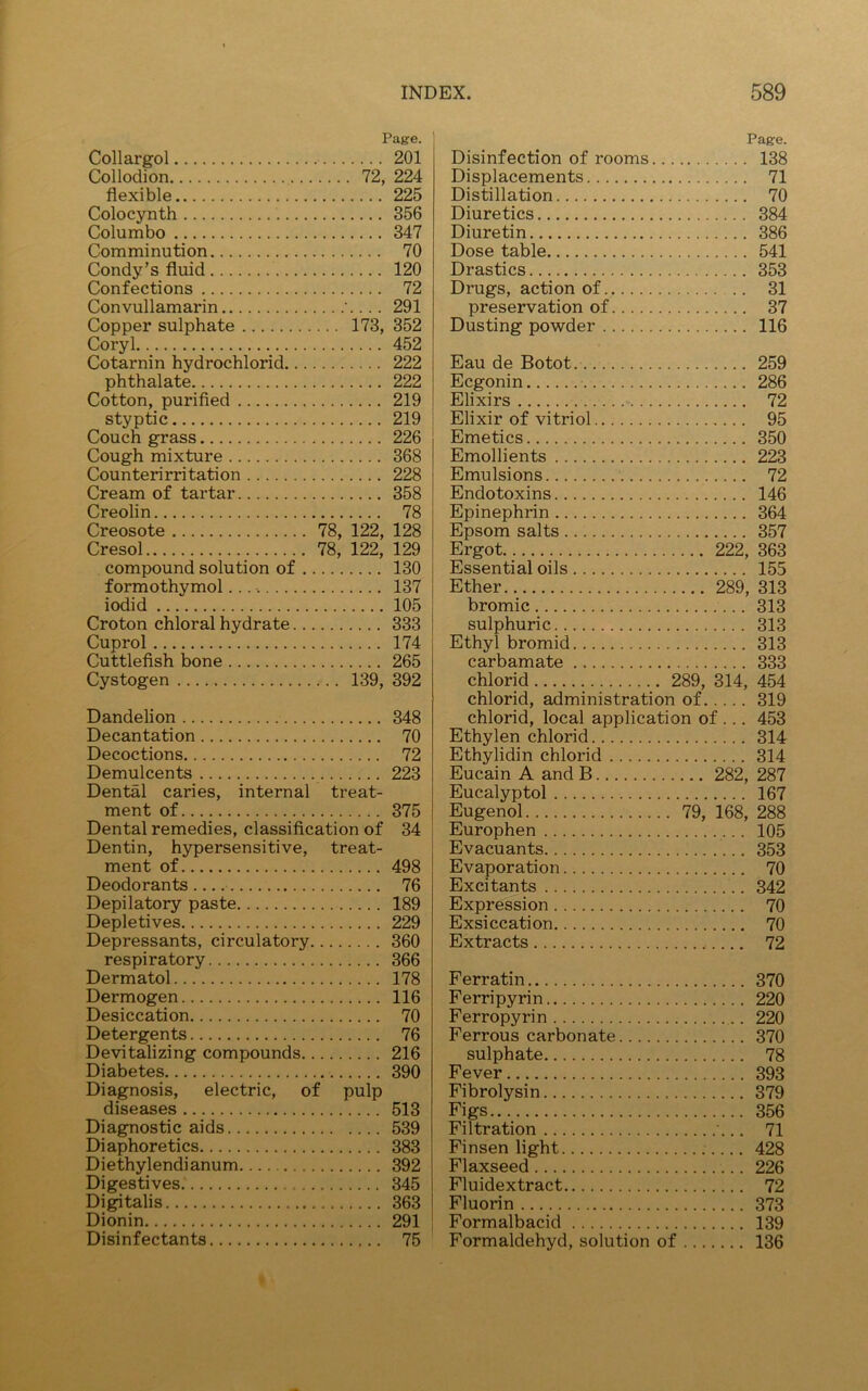 Page. Collargol 201 Collodion 72, 224 flexible 225 Colocynth 356 Columbo 347 Comminution 70 Condy’s fluid 120 Confections 72 Convullamarin \ ... 291 Copper sulphate 173, 352 Coryl 452 Cotarnin hydrochlorid 222 phthalate 222 Cotton, purified 219 styptic 219 Couch grass 226 Cough mixture 368 Counterirritation 228 Cream of tartar 358 Creolin 78 Creosote 78, 122, 128 compound solution of 130 formothymol 137 iodid 105 Croton chloral hydrate 333 Cuprol 174 Cuttlefish bone 265 Cystogen 139, 392 Dandelion 348 Decantation 70 Decoctions 72 Demulcents 223 Dental caries, internal treat- ment of 375 Dental remedies, classification of 34 Dentin, hypersensitive, treat- ment of 498 Deodorants 76 Depilatory paste 189 Depletives 229 Depressants, circulatory 360 respiratory 366 Dermatol 178 Dermogen 116 Desiccation 70 Detergents 76 Devitalizing compounds 216 Diabetes 390 Diagnosis, electric, of pulp diseases 513 Diagnostic aids 539 Diaphoretics 383 Diethylendianum 392 Digestives 345 Digitalis 363 Dionin 291 Disinfectants 75 Page. Disinfection of rooms 138 Displacements 71 Distillation 70 Diuretics 384 Diuretin 386 Dose table 541 Drastics 353 Drugs, action of 31 preservation of 37 Dusting powder 116 Eau de Botot 259 Ecgonin 286 Elixirs 72 Elixir of vitriol 95 Emetics 350 Emollients 223 Emulsions 72 Endotoxins 146 Epinephrin 364 Epsom salts 357 Ergot 222, 363 Essential oils 155 Ether 289, 313 bromic 313 sulphuric 313 Ethyl bromid 313 carbamate 333 chlorid 289, 314, 454 chlorid, administration of 319 chlorid, local application of ... 453 Ethylen chlorid 314 Ethylidin chlorid 314 Eucain A and B 282, 287 Eucalyptol 167 Eugenol 79, 168, 288 Europhen 105 Evacuants 353 Evaporation 70 Excitants 342 Expression 70 Exsiccation 70 Extracts 72 Ferratin 370 Ferripyrin 220 Ferropyrin 220 Ferrous carbonate 370 sulphate 78 Fever 393 Fibrolysin 379 Figs 356 Filtration 71 Finsen light 428 Flaxseed 226 Fluidextract 72 Fluorin 373 Formalbacid 139 Formaldehyd, solution of 136