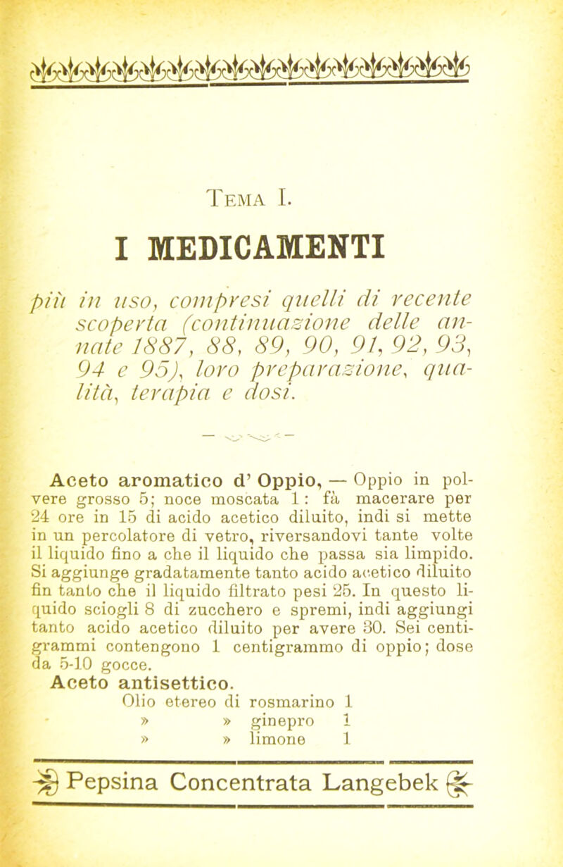 Tema I. I MEDICAMENTI più in USO, compresi quelli di recente scoperta (coutiuuasione delle an- nate 1887, 88, 89, 90, 91, 92, 93, 94 e 95), loro preparazione, qua- lità, terapia e dosi. Aceto aromatico d’ Oppio, — Oppio in pol- vere grosso 5; noce moscata 1 : fà macerare per 24 ore in 15 di acido acetico diluito, indi si mette in un percolatore di vetro, riversandovi tante volte il liquido fino a che il liquido che passa sia limpido. Si aggiunge gradatamente tanto acido acetico diluito fin tanto che il liquido filtrato pesi 25. In questo li- quido sciogli 8 di zucchero e spremi, indi aggiungi tanto acido acetico diluito per avere 30. Sei centi- grammi contengono 1 centigrammo di oppio; dose da 5-10 gocce. Aceto antisettico. Olio etereo di rosmarino 1 » » ginepro 1 » » limone 1