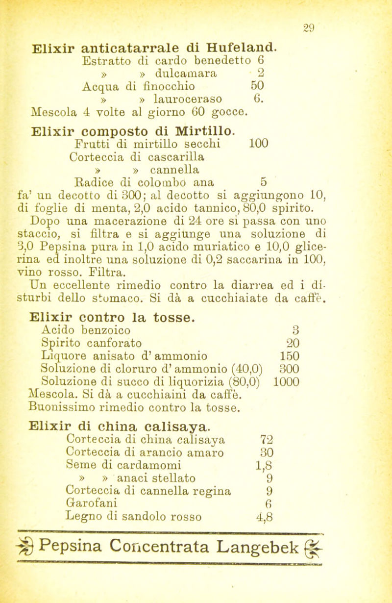 Elixir anticatarrale di Hufeland. Estratto di cardo benedetto 6 » » dulcamara 2 Acqua di finocchio 50 » » lauroceraso 6. Mescola 4 volte al giorno 60 gocce. Elixir composto di Mirtillo. Frutti di mirtillo secchi 100 Corteccia di cascarilla » » cannella Radice di colombo ana 5 fa’ un decotto di 300; al decotto si aggiungono 10, di foglie di menta, 2,0 acido tannico, 80,0 spirito. Dopo una macerazione di 24 ore si passa con uno staccio, si filtra e si aggiunge una soluzione di 3,0 Pepsina pura in 1,0 acido muriatico e 10,0 glice- rina ed inoltre una soluzione di 0,2 saccarina in 100, vino rosso. Filtra. Un eccellente rimedio contro la diari'ea ed i di- sturbi dello stomaco. Si dà a cucchiaiate da caffè. Elixir contro la tosse. Acido benzoico Spirito canforato Liquore anisato d’ ammonio Soluzione di cloruro d’ammonio (40,0) Soluzione di succo di liquorizia (80,0) Mescola. Si dà a cucchiaini da caffè. Buonissimo rimedio contro la tosse. Elixir di china calisaya. Corteccia di china calisaya 72 Corteccia di arancio amaro 30 Seme di cardamomi 1,8 » » anaci stellato 9 Corteccia di cannella regina 9 Garofani 6 Legno di sandolo rosso 4,8 Pepsina Concentrata Langebek ^ 3 20 150 300 1000