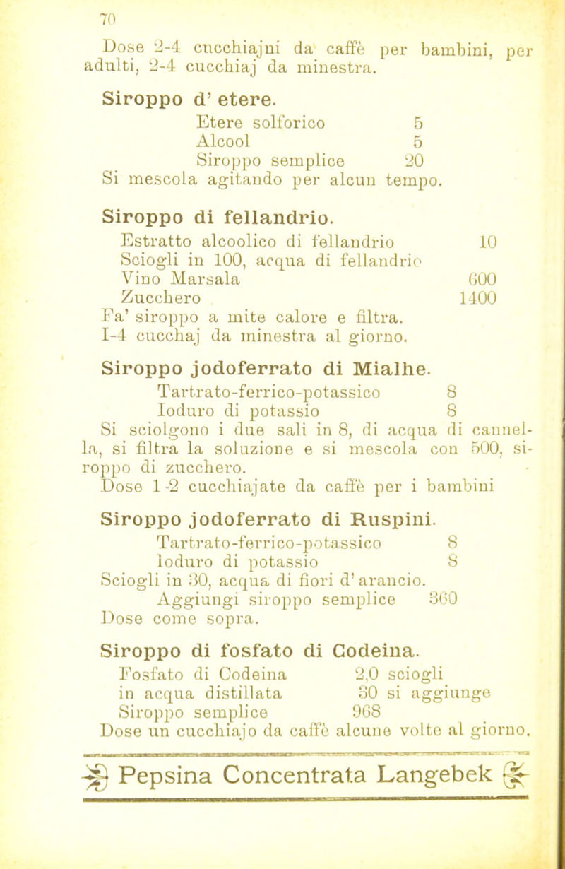 Dose -J-4 cucohiajui da caffè per bambini, per adulti, ’J-d cucchiaj da minestra. Siroppo d’ etere. Etere solforico 5 Alcool 5 Siroppo semplice ‘JO Si mescola agitando per alcun tempo. Siroppo di fellandrio. Estratto alcoolico di fellandrio Sciogli in 100, acqua di fellandrio Vino Marsala Zucchero Fa’ siroppo a mite calore e filtra. 1-4 cucchaj da minestra al giorno. Siroppo jodoferrato di Mialhe. Tartrato-ferrico-potassico 8 Ioduro di potassio 8 Si sciolgono i due sali in 8, di acqua di cannel- la, si filtra la soluzione e si mescola con .bOO, si- roppo di zucchero. Dose 1-2 cucchiajate da caffè per i bambini Siroppo jodoferrato di Ruspini. Tartrato-ferrico-potassico 8 Ioduro di potassio 8 Sciogli in 80, acqua di fiori d’ arancio. Aggiungi siroppo semplice 860 Dose come sopra. Siroppo di fosfato di Codeina. Fosfato di Codeina 2,0 sciogli in acqua distillata 30 si aggiunge Siroppo semplice 968 Dose un cucchiajo da caffè alcune volte al giorno. Pepsina Concentrata Langebek ^ 10 600 1400