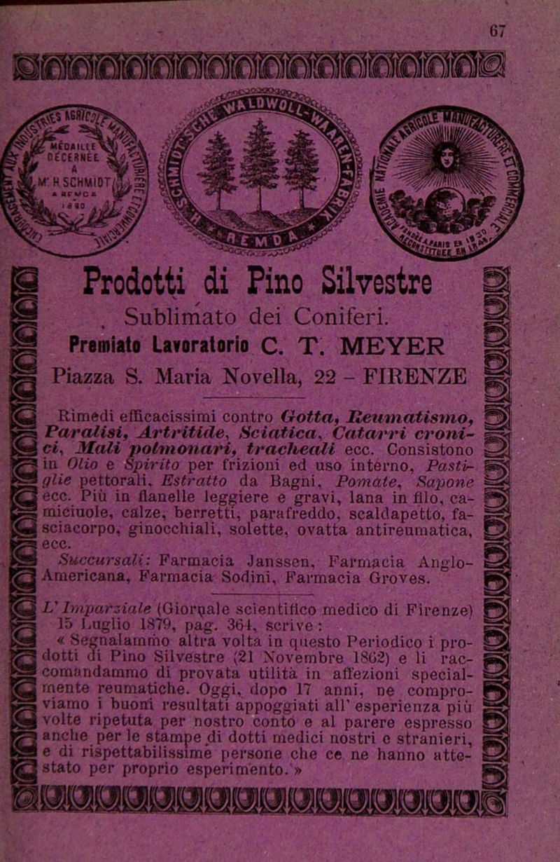 Prodotti di Pino Silvestre Sublimato dei Coniferi. Premiato Lavoralorio C. T. MEYER Piazza S. Maria Novella, 22 - FIRENZE Rimedi efficacissimi contro Gotta, Heurnatismo, Paralisi, Artritide, Sciatica^ Catarri croni- ci, Mali polmonari, tradiscili ecc. Consistono in Olio e Spirito per frizioni ed uso interno, Pasti- glie pettorali. Estratto da Bagni, Pomate, Sapone ecc. Più in flanelle leggiere e gravi, lana in filo, ca- miciuole, calze, berretti, parafreddo, scaldapetto, fa- sciacorpo, ginocchiali, solette, ovatta antireumatica, ecc. Succursali: Farmacia Janssen, Farmacia Anglo- Americana, F'armacia Sodini, Farmacia Groves. L'Imparziale (Giornale scientifico medico di Firenze) 15 Luglio 1879, pag. 364, scrive; X Segnalammo altra volta in questo Periodico i pro- dotti di Pino Silvestre (21 Novembre 1862) e li rac- comandammo di provata utilità in affezioni special- mente reumatiche. Oggi, dopo 17 anni, ne compro- viamo i buoni resultati appoggiati all'esperienza più volte ripetuta per nostro conto e al parere espresso anche per le stampe di dotti medici nostri e stranieri, e di rispettabilissime persone che ce ne hanno attc- stato per proprio esperimento. » nmmggK