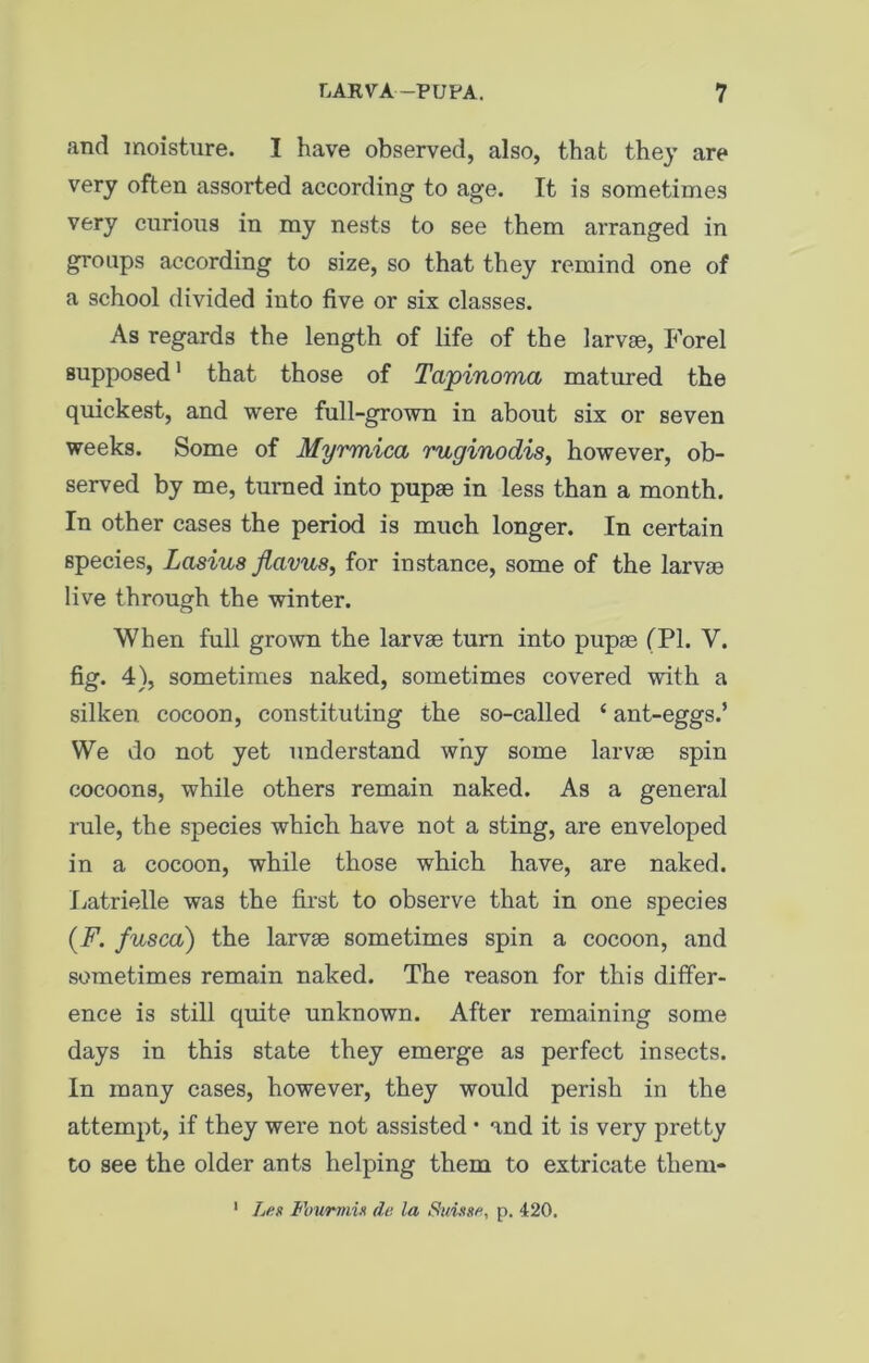 and moisture. I have observed, also, that they are very often assorted according to age. It is sometimes very curious in my nests to see them arranged in groups according to size, so that they remind one of a school divided into five or six classes. As regards the length of life of the larvae, Forel supposed1 that those of Tcipinoma matured the quickest, and were full-grown in about six or seven weeks. Some of Myrmica ruginodis, however, ob- served by me, turned into pupae in less than a month. In other cases the period is much longer. In certain species, Lasius flavus, for instance, some of the larvae live through the winter. When full grown the larvae turn into pupae (PI. V. fig. 4), sometimes naked, sometimes covered with a silken cocoon, constituting the so-called i ant-eggs.’ We do not yet understand why some larvae spin cocoons, while others remain naked. As a general rule, the species which have not a sting, are enveloped in a cocoon, while those which have, are naked. Latrielle was the first to observe that in one species (F. fusca) the larvae sometimes spin a cocoon, and sometimes remain naked. The reason for this differ- ence is still quite unknown. After remaining some days in this state they emerge as perfect insects. In many cases, however, they would perish in the attempt, if they were not assisted • and it is very pretty to see the older ants helping them to extricate thern- 1 Las Fourmiti de la Suisse, p. 420.