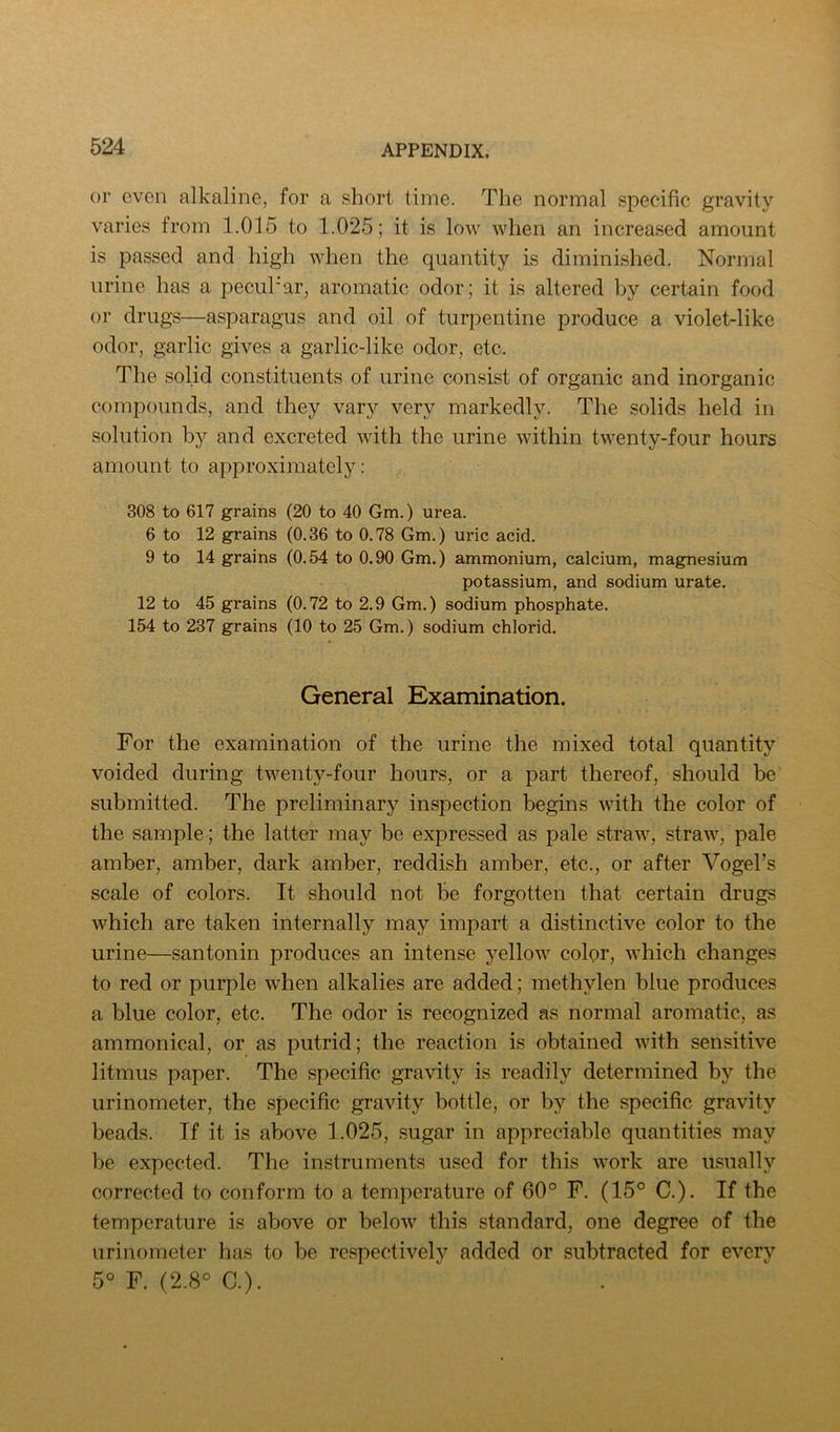 or even alkaline, for a short time. The normal specific gravity varies from 1.015 to 1.025; it is low when an increased amount is passed and high Avhen the quantity is diminished. Normal urine has a pecuhar, aromatic odor; it is altered by certain food or drugs—asparagus and oil of turpentine produce a violet-like odor, garlic gives a garlic-like odor, etc. The solid constituents of urine consist of organic and inorganic compounds, and they vary very markedly. The solids held in solution by and excreted with the urine Avithin twenty-four hours amount to approximately: 308 to 617 grains (20 to 40 Gm.) urea. 6 to 12 grains (0.36 to 0.78 Gm.) uric acid. 9 to 14 grains (0.54 to 0.90 Gm.) ammonium, calcium, magnesium potassium, and sodium urate. 12 to 45 grains (0.72 to 2.9 Gm.) sodium phosphate. 154 to 237 grains (10 to 25 Gm.) sodium chlorid. General Examination. For the examination of the urine the mixed total quantity voided during twenty-four hours, or a part thereof, should be submitted. The preliminary inspection begins AAuth the color of the sample; the latter may be expressed as pale straAv, straAv, pale amber, amber, dark amber, reddish amber, etc., or after Vogel’s scale of colors. It should not be forgotten that certain drugs Avhich are taken internally may impart a distinctive color to the urine—santonin produces an intense yellow colqr, Avhich changes to red or purple Avhen alkalies are added; methylen blue produces a blue color, etc. The odor is recognized as normal aromatic, as ammonical, or as putrid; the reaction is obtained Avith sensitwe litmus paper. The specific gravity is readily determined by the urinometer, the specific gravity bottle, or by the specific gravity beads. If it is above 1.025, sugar in appreciable quantities may be expected. The instruments used for this Avork are usually corrected to conform to a temperature of 60° F. (15° C.). If the temperature is above or beloAv this standard, one degree of the urinometer has to he re.spectively added or subtracted for every 5° F. (2.8° C.). . ^
