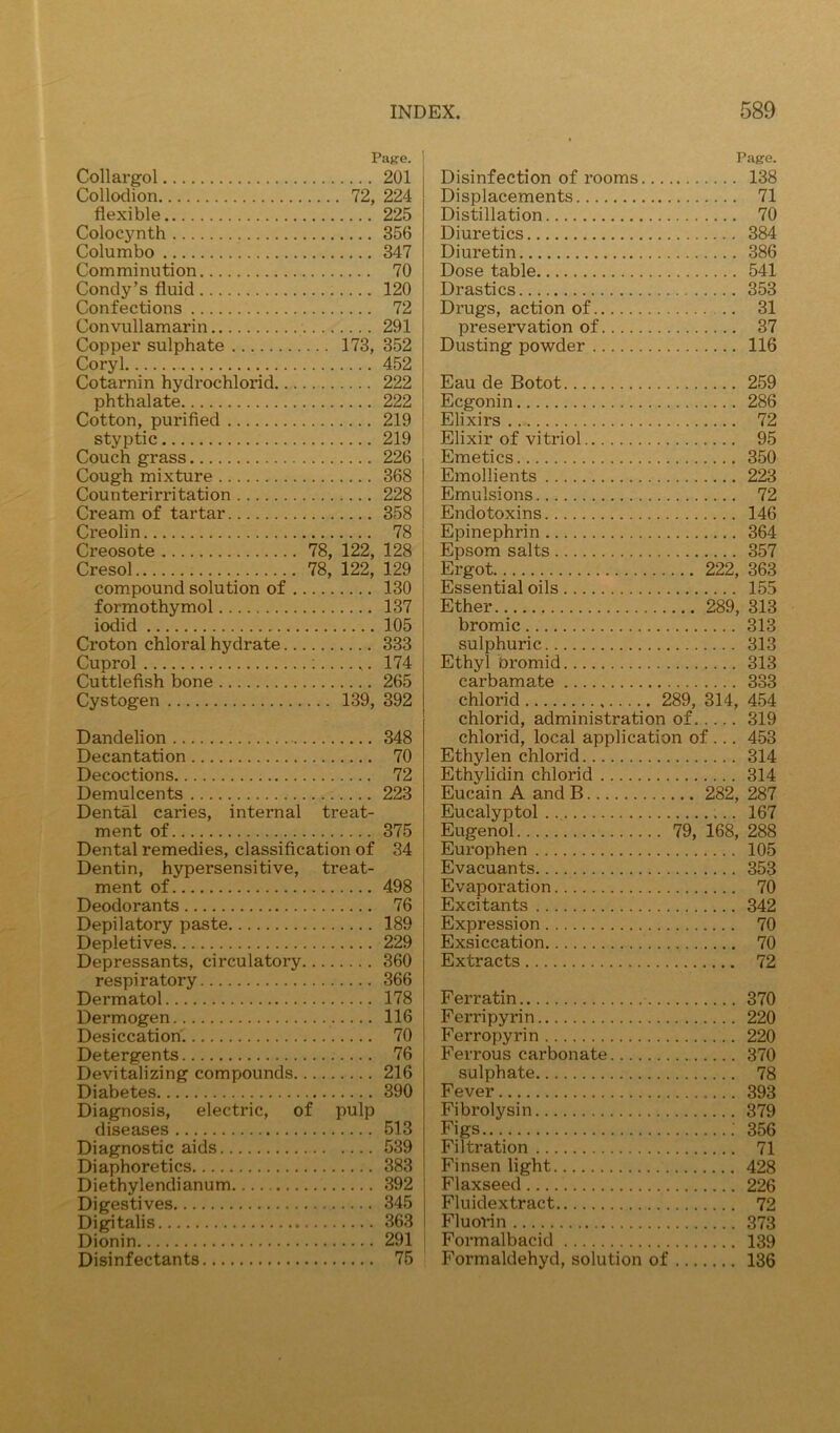Pas-e. Collargol 201 Collodion 72, 224 flexible 225 Colocynth 356 Columbo 347 Comminution 70 Condy’s fluid 120 Confections 72 Convullamarin 291 Copper sulphate 173, 352 Coryl 452 Cotarnin hydrochlorid 222 phthalate 222 Cotton, purified 219 styptic 219 Couch grass 226 Cough mixture 368 Counterirx’itation 228 Cream of tartar 358 Creolin 78 Creosote 78, 122, 128 Cresol 78, 122, 129 compound solution of 130 formothymol 137 iodid 105 Croton chloral hydrate 333 Cuprol ; 174 Cuttlefish bone 265 Cystogen 139, 392 Dandelion 348 Decantation 70 Decoctions 72 Demulcents 223 Dental caries, internal treat- ment of 375 Dental remedies, classification of 34 Dentin, hypersensitive, treat- ment of 498 Deodorants 76 Depilatory paste 189 Depletives 229 Depressants, circulatory 360 respiratory 366 Dermatol 178 Dermogen 116 Desiccation' 70 Detergents 76 Devitalizing compounds 216 Diabetes 390 Diagnosis, electric, of pulp diseases 513 Diagnostic aids 539 Diaphoretics 383 Diethylendianum 392 Digestives 345 Digitalis 363 Dionin 291 Disinfectants 75 Page. Disinfection of rooms 138 Displacements 71 Distillation 70 Diuretics 384 Diuretin 386 Dose table 541 Drastics 353 Drugs, action of 31 preservation of 37 Dusting powder 116 Eau de Botot 259 Ecgonin 286 Elixirs 72 Elixir of vitriol 95 Emetics 350 Emollients 223 Emulsions 72 Endotoxins 146 Epinephrin 364 Epsom salts 357 Ergot 222, 363 Essential oils 155 Ether 289, 313 bromic 313 sulphuric 313 Ethyl bromid 313 carbamate 333 chlorid 289, 314, 454 chlorid, administration of 319 chlorid, local application of... 453 Ethylen chlorid 314 Ethylidin chlorid 314 Eucain A and B 282, 287 Eucalyptol 167 Eugenol 79, 168, 288 Eui’ophen 105 Evacuants 353 Evaporation 70 Excitants 342 Expression 70 Exsiccation 70 Extracts 72 Ferratin 370 Ferripyrin 220 Ferropyrin 220 Ferrous carbonate 370 sulphate 78 Fever 393 Fibrolysin 379 Figs ; 356 Filtration 71 Finsen light 428 Flaxseed 226 Fluidextract 72 Fluorin 373 Formalbacid 139 Formaldehyd, solution of 136