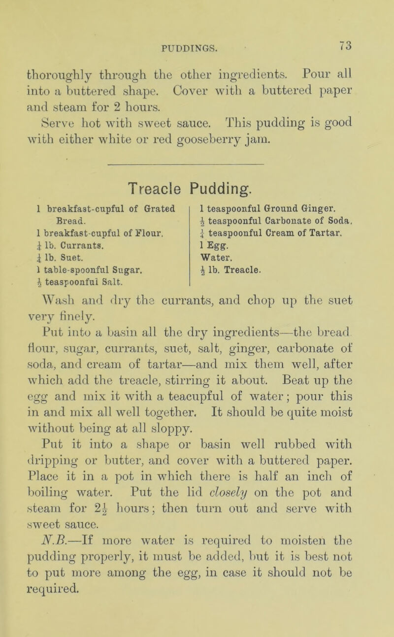 thoroughly through the other ingredients. Pour all into a buttered shape. Cover with a buttered paper and steam for 2 hours. Serve hot with swreet sauce. This pudding is good with either white or red gooseberry jam. Treacle Pudding. 1 breakfast-cupful of Grated Bread. 1 breakfast-cupful of Flour. £ lb. Currants. 4 lb. Suet. 1 table-spoonful Sugar, i teaspoonful Salt. 1 teaspoonful Ground Ginger. ^ teaspoonful Carbonate of Soda, 5 teaspoonful Cream of Tartar. 1 Egg. Water. ^ lb. Treacle. Wash and dry the currants, and chop up the suet very finely. Put into a basin all the dry ingredients—the bread Hour, sugar, currants, suet, salt, ginger, carbonate of soda, and cream of tartar—and mix them well, after which add the treacle, stirring it about. Beat up the egg and mix it with a teacupful of water; pour this in and mix all well together. It should be quite moist without being at all sloppy. Put it into a shape or basin well rubbed with dripping or butter, and cover with a buttered paper. Place it in a pot in which there is half an inch of boiling water. Put the lid closely on the pot and steam for 2| hours; then turn out and serve with sweet sauce. N.B.—If more water is required to moisten the pudding properly, it must be added, but it is best not to put more among the egg, in case it should not be required.