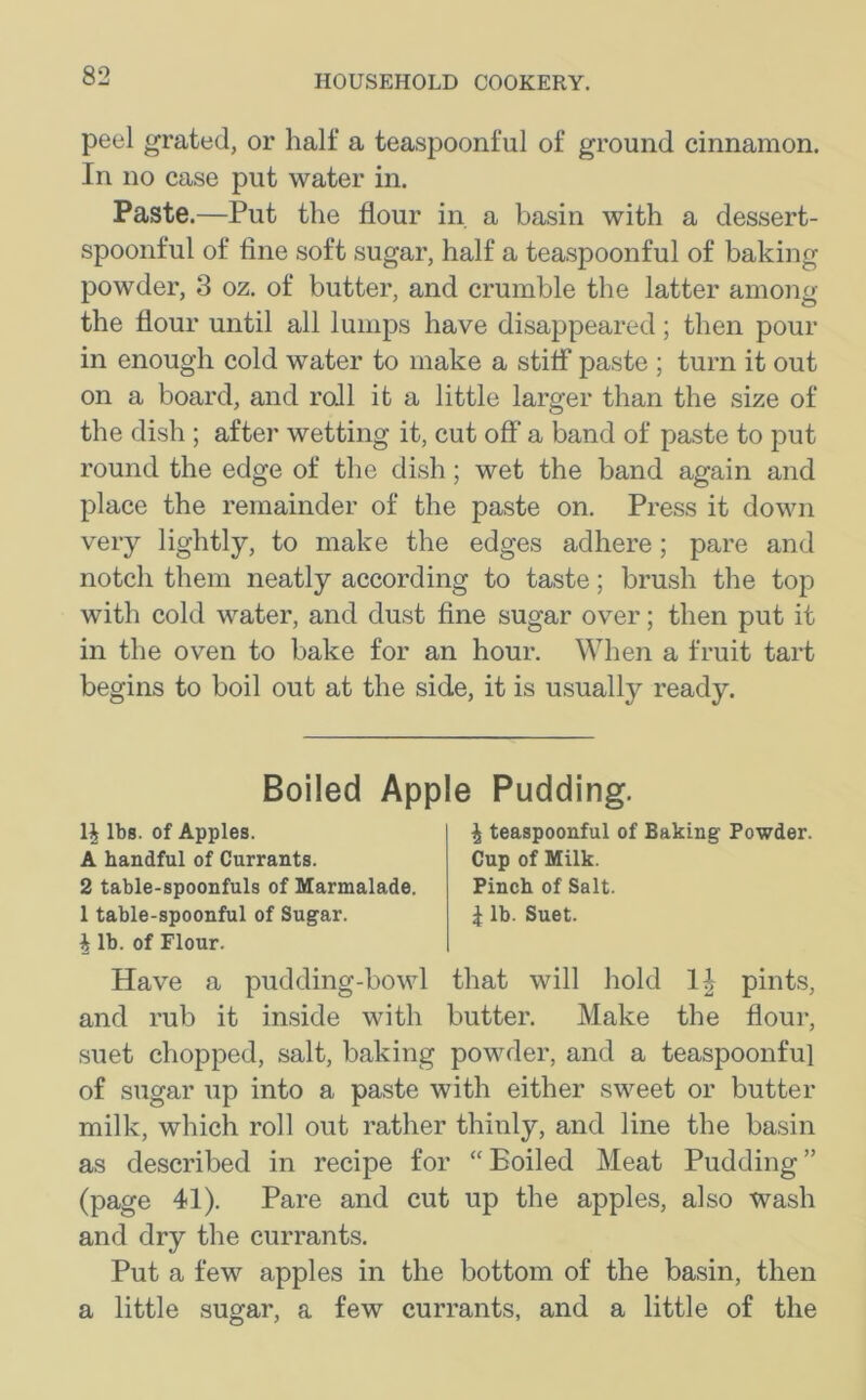 peel grated, or half a teaspoonful of ground cinnamon. In no case put water in. Paste.—Put the flour in a basin with a dessert- spoonful of fine soft sugar, half a teaspoonful of baking powder, 3 oz. of butter, and crumble the latter among the flour until all lumps have disappeared; then pour in enough cold water to make a stiff* paste ; turn it out on a board, and roll it a little larger than the size of the dish ; after wetting it, cut off' a band of paste to put round the edge of the dish; wet the band again and place the remainder of the paste on. Press it down very lightly, to make the edges adhere; pare and notch them neatly according to taste; brush the top with cold water, and dust fine sugar over; then put it in the oven to bake for an hour. When a fruit tart begins to boil out at the side, it is usually ready. h lb. of Flour. Have a pudding-bowl that will hold pints, and rub it inside with butter. Make the flour, suet chopped, salt, baking powder, and a teaspoonfu] of sugar up into a paste with either sweet or butter milk, which roll out rather thinly, and line the basin as described in recipe for “ Boiled Meat Pudding ” (page 41). Pare and cut up the apples, also wash and dry the currants. Put a few apples in the bottom of the basin, then a little sugar, a few currants, and a little of the Boiled Apple Pudding. 1| lbs. of Apples. A handful of Currants. 2 table-spoonfuls of Marmalade. 1 table-spoonful of Sugar. \ teaspoonful of Baking Powder. Cup of Milk. Pinch of Salt. | lb. Suet.