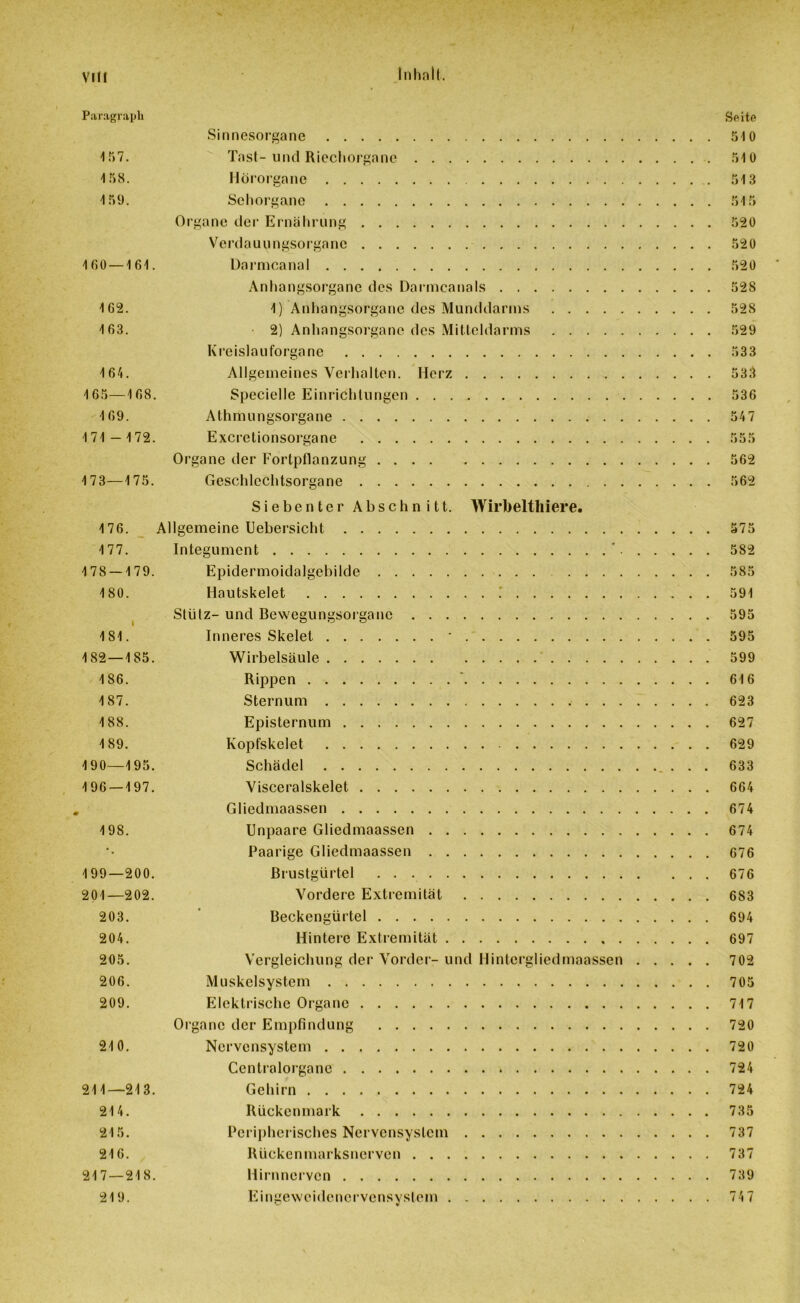 Paragraph 157. 158. 1 59. 100 — 161. 162. 163. 164. 165—168. 169. 171 - 172. 173 — 175. Seite Sinnesorgane 510 Tast- und Riechorgane 510 Hörorgane 513 Sehorgane 515 Organe der Ernährung 520 Verdauungsorgane 520 Darmcanal 520 Anhangsorganc des Darmcanals 528 1) Anhangsorgane des Munddarms 52S 2) Anhangsorgane des Mitteldarms 529 Kreislauforgane 533 Allgemeines Verhalten. Herz 533 Specielle Einrichtungen 536 Athmungsorgane 547 Excretionsorgane 555 Organe der Fortpflanzung 562 Geschlechtsorgane 562 Siebenter Abschnitt. Wirbelthiere. 176. Allgemeine Uebersicht 177. Integument .... 178 — 179. Epidermoidalgebi 180. Hautskelet . . 1 Stütz- und Bewegung 181. Inneres Skelet . 182 — 185, Wirbelsäule . 186. Rippen . . 187. Sternum . 188. Episternum 189. Kopfskelet 190—195. 196 — 197. y 198. 199—200. 201—202. 203. 204. 205. 206. 209. 210. 211—213. 214. 215. 216. 217 — 218. 219. Schädel 633 Visceralskelet 664 Gliedmaassen 674 Unpaare Gliedmaassen 674 Paarige Gliedmaassen 676 Brustgürtel 676 Vordere Extremität 683 Beckengürtel 694 Hintere Extremität 697 Vergleichung der Vorder- und Hintergliedmaassen 702 Muskelsystem 705 Elektrische Organe 717 Organe der Empfindung 720 Nervensystem 720 Centralorganc 724 Gehirn 724 Rückenmark 735 Peripherisches Nervensystem 737 Rückenmarksnerven 737 Hirnnerven 739 Eingeweidenervensystem 747