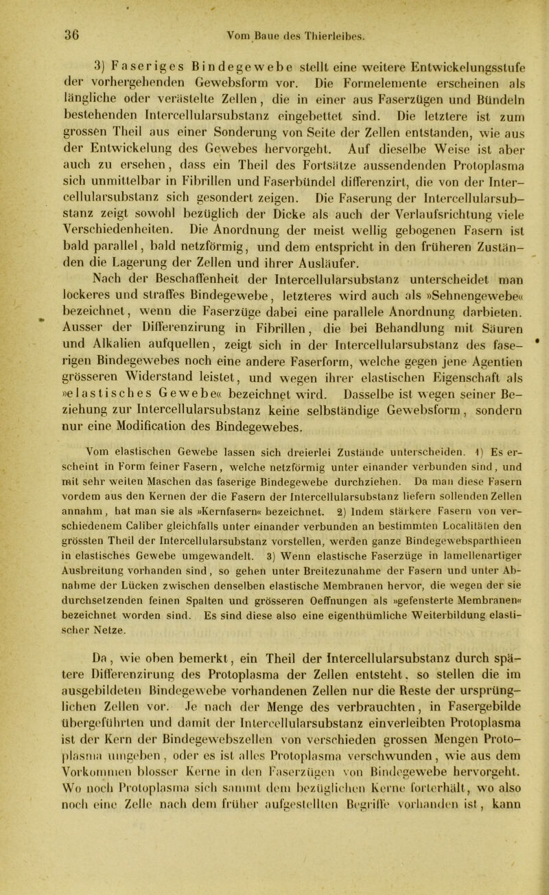 3) Faseriges Bindegewebe stellt eine weitere Entwickelungsslufe der vorhergehenden Gewebsform vor. Die Formelemente erscheinen als längliche oder verästelte Zellen, die in einer aus Faserzügen und Bündeln bestehenden Intercellularsubstanz eingebettet sind. Die letztere ist zum grossen Theil aus einer Sonderung von Seite der Zellen entstanden, wie aus der Entwickelung des Gewebes hervorgeht. Auf dieselbe Weise ist aber auch zu ersehen, dass ein Theil des Fortsätze aussendenden Protoplasma sich unmittelbar in Fibrillen und Faserbündel differenzirt, die von der Inter- cellularsubstanz sich gesondert zeigen. Die Faserung der Intercellularsub- stanz zeigt sowohl bezüglich der Dicke als auch der Verlaufsrichtung viele Verschiedenheiten. Die Anordnung der meist wellig gebogenen Fasern ist bald parallel, bald netzförmig, und dem entspricht in den früheren Zustän- den die Lagerung der Zellen und ihrer Ausläufer. Nach der Beschaffenheit der Intercellularsubstanz unterscheidet man lockeres und straffes Bindegewebe, letzteres wird auch als »Sehnengewebe« bezeichnet, wenn die Faserzüge dabei eine parallele Anordnung darbieten. Ausser der Differenzirung in Fibrillen, die bei Behandlung mit Säuren und Alkalien aufquellen, zeigt sich in der Intercellularsubstanz des fase- rigen Bindegewebes noch eine andere Faserform, welche gegen jene Agentien grösseren Widerstand leistet, und wegen ihrer elastischen Eigenschaft als »elastisches Gewebe« bezeichnet wird. Dasselbe ist wegen seiner Be- ziehung zur Intercellularsubstanz keine selbständige Gewebsform, sondern nur eine Modification des Bindegewebes. Vom elastischen Gewebe lassen sich dreierlei Zustande unterscheiden. 1) Es er- scheint in Form feiner Fasern, welche netzförmig unter einander verbunden sind, und mit sehr weiten Maschen das faserige Bindegewebe durchziehen. Da man diese Fasern vordem aus den Kernen der die Fasern der Intercellularsubstanz liefern sollenden Zellen annahm, hat man sie als »Kernfasern« bezeichnet. 2) Indem stärkere Fasern von ver- schiedenem Caliber gleichfalls unter einander verbunden an bestimmten Localitalen den grössten Theil der Intercellularsubstanz vorstellen, werden ganze Bindegewebsparthieen in elastisches Gewebe umgewandelt. 3) Wenn elastische Faserzüge in lamellenartiger Ausbreitung vorhanden sind, so gehen unter Breitezunahme der Fasern und unter Ab- nahme der Lücken zwischen denselben elastische Membranen hervor, die wegen der sie durchsetzenden feinen Spalten und grösseren Oefifnungen als »gefensterte Membranen« bezeichnet worden sind. Es sind diese also eine eigenthtimliche Weiterbildung elasti- scher Netze. Da , wie oben bemerkt, ein Theil der Intercellularsubstanz durch spä- tere Differenzirung des Protoplasma der Zellen entsteht, so stellen die im ausgebildeten Bindegewebe vorhandenen Zellen nur die Reste der ursprüng- lichen Zellen vor. Je nach der Menge des verbrauchten, in Fasergebilde übergeführten und damit der Intercellularsubstanz einverleibten Protoplasma ist der Kern der Bindegewebszellen von verschieden grossen Mengen Proto- plasma umgeben, oder es ist alles Protoplasma verschwunden, wie aus dem Vorkommen blosser Kerne in den Faserzügen von Bindegewebe hervorgeht. Wo noch Protoplasma sich sammt dem bezüglichen Kerne forlerhält, w?o also noch eine Zelle nach dem früher aufgeslellten Begriffe vorhanden ist, kann