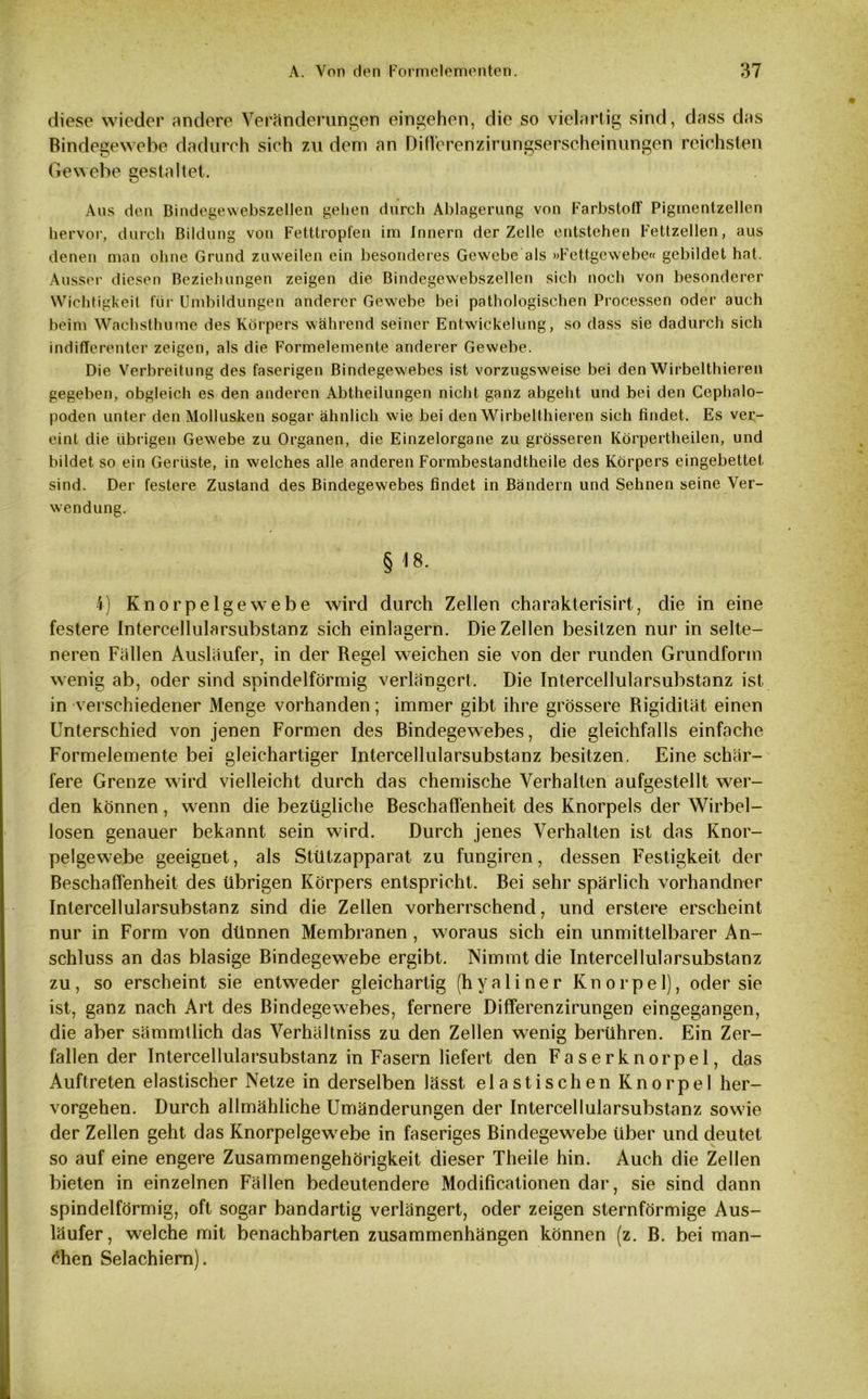 diese wieder andere Veränderungen eingehen, die so vielartig sind, dass das Bindegewebe dadurch sich zu dem an Dillerenzirungserscheinungen reichsten Gewebe gestaltet. Aus den Bindegewebszellen gehen durch Ablagerung von Farbstoff Pigmentzellen hervor, durch Bildung von Fetttropfen im Innern der Zelle entstehen Fettzellen, aus denen man ohne Grund zuweilen ein besonderes Gewebe als »Fettgewebe« gebildet hat. Ausser diesen Beziehungen zeigen die Bindegewebszellen sich noch von besonderer Wichtigkeit für Umbildungen anderer Gewebe bei pathologischen Processen oder auch beim Waehsthume des Körpers während seiner Entwickelung, so dass sie dadurch sich indifferenter zeigen, als die Formelemente anderer Gewebe. Die Verbreitung des faserigen Bindegewebes ist vorzugsweise bei den Wirbelthieren gegeben, obgleich es den anderen Abtheilungen nicht ganz abgeht und bei den Cephnlo- poden unter den Mollusken sogar ähnlich wie bei den Wirbelthieren sich findet. Es ver- eint die übrigen Gewebe zu Organen, die Einzelorgane zu grösseren Körpertheilen, und bildet so ein Gerüste, in welches alle anderen Formbestandtheile des Körpers eingebettet sind. Der festere Zustand des Bindegewebes findet in Bändern und Sehnen seine Ver- wendung. § <8. 4) Knorpelgewebe wird durch Zellen charakterisirt, die in eine festere Intercellularsubstanz sich einlagern. Die Zellen besitzen nur in selte- neren Fällen Ausläufer, in der Regel weichen sie von der runden Grundform wenig ab, oder sind spindelförmig verlängert. Die Intercellularsubstanz ist in verschiedener Menge vorhanden; immer gibt ihre grössere Rigidität einen Unterschied von jenen Formen des Bindegewebes, die gleichfalls einfache Formelemente bei gleichartiger Intercellularsubstanz besitzen. Eine schär- fere Grenze wird vielleicht durch das chemische Verhalten aufgestellt wer- den können, wenn die bezügliche Beschaffenheit des Knorpels der Wirbel- losen genauer bekannt sein wird. Durch jenes Verhalten ist das Knor- pelgewebe geeignet, als Stützapparat zu fungiren, dessen Festigkeit der Beschaffenheit des übrigen Körpers entspricht. Bei sehr spärlich vorhandner Intercellularsubstanz sind die Zellen vorherrschend, und erstere erscheint nur in Form von dünnen Membranen , woraus sich ein unmittelbarer An- schluss an das blasige Bindegewebe ergibt. Nimmt die Intercellularsubstanz zu, so erscheint sie entweder gleichartig (hyaliner Knorpel), oder sie ist, ganz nach Art des Bindegewebes, fernere Differenzirungen eingegangen, die aber sämmtlich das Verhältniss zu den Zellen wenig berühren. Ein Zer- fallen der Intercellularsubstanz in Fasern liefert den Faserknorpel, das Auftreten elastischer Netze in derselben lässt elastischen Knorpel her- vorgehen. Durch allmähliche Umänderungen der Intercellularsubstanz sowie der Zellen geht das Knorpelgewebe in faseriges Bindegewebe über und deutet so auf eine engere Zusammengehörigkeit dieser Theile hin. Auch die Zellen bieten in einzelnen Fällen bedeutendere Modificationen dar, sie sind dann spindelförmig, oft sogar bandartig verlängert, oder zeigen sternförmige Aus- läufer, welche mit benachbarten Zusammenhängen können (z. B. bei man- chen Selachiern).