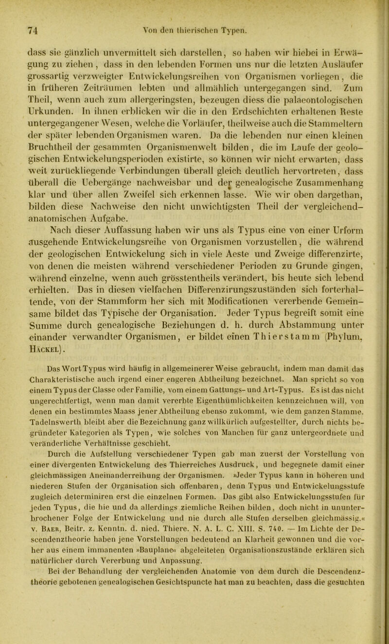 dass sie gänzlich unvermittelt sich darstellen, so haben wir hiebei in Erwä- gung zu ziehen, dass in den lebenden Formen uns nur die letzten Ausläufer grossarlig verzweigter Entwickelungsreihen von Organismen vorliegen, die in früheren Zeiträumen lebten und allmählich untergegangen sind. Zum Theil, wenn auch zum allergeringsten, bezeugen diess die palaeontologischen Urkunden. In ihnen erblicken wir die in den Erdschichten erhaltenen Reste untergegangener Wesen, welche die Vorläufer, theilweise auch die Stammeltern der später lebenden Organismen waren. Da die lebenden nur einen kleinen Bruchtheil der gesammten Organismenwelt bilden , die im Laufe der geolo- gischen Entwickelungsperioden existirte, so können wir nicht erwarten, dass weit zurückliegende Verbindungen überall gleich deutlich hervortreten, dass überall die Ueber^änge nachweisbar und der genealogische Zusammenhang w *—' ^ w K-J 9 J klar und über allen Zweifel sich erkennen lasse. Wie wir oben dargethan, O 7 bilden diese Nachweise den nicht unwichtigsten Theil der vergleichend- anatomischen Aufgabe. Nach dieser Auffassung haben wir uns als Typus eine von einer Urform ausgehende Entwickelungsreihe von Organismen vorzustellen, die während der geologischen Entwickelung sich in viele Aeste und Zweige differenzirte, von denen die meisten während verschiedener Perioden zu Grunde gingen, während einzelne, w-enn auch grösstentheils verändert, bis heute sich lebend erhielten. Das in diesen vielfachen Differenzirungszuständen sich forterhal- tende, von der Stammform her sich mit Modificationen vererbende Gemein- same bildet das Typische der Organisation. Jeder Typus begreift somit eine Summe durch genealogische Beziehungen d. h. durch Abstammung unter einander verwandter Organismen, er bildet einen T h i e r s t a m m (Phylum. Hackel) . Das Wort Typus wird häufig in allgemeinerer Weise gebraucht, indem man damit das Charakteristische auch irgend einer engeren Abtheilung bezeichnet. Man spricht so von einem Typus der Classe oder Familie, vom einem Gattungs- und Art-Typus. Es ist das nicht ungerechtfertigt, wenn man damit vererbte Eigenthtimlichkeiten kennzeichnen will, von denen ein bestimmtes Maass jener Abtheilung ebenso zukommt, wie dem ganzen Stamme. Tadelnswerth bleibt aber die Bezeichnung ganz willkürlich aufgestellter, durch nichts be- gründeter Kategorien als Typen, wie solches von Manchen für ganz untergeordnete und veränderliche Verhältnisse geschieht. Durch die Aufstellung verschiedener Typen gab man zuerst der Vorstellung von einer divergenten Entwickelung des Thierreiches Ausdruck, und begegnete damit einer gleichmässigen Aneinanderreihung der Organismen. »Jeder Typus kann in höheren und niederen Stufen der Organisation sich offenbaren, denn Typus und Entwickelungsstufe zugleich determiniren erst die einzelnen Formen. Das gibt also Entwickelungsstufen für jeden Typus, die hie und da allerdings ziemliche Reiben bilden, doch nicht in ununter- brochener Folge der Entwickelung und nie durch alle Stufen derselben gleichmässig.« v. Baer, Beitr. z. Kenntn. d. nied. Thiere. N. A. L. C. XIII. S. 740. — Im Lichte der De- scendenztheorie haben jene Vorstellungen bedeutend an Klarheit gewonnen lind die vor- her aus einem immanenten »Bauplane« abgeleiteten Organisationszustände erklären sich natürlicher durch Vererbung und Anpassung. Bei der Behandlung der vergleichenden Anatomie von dem durch die Descendenz- theorie gebotenen genealogischen Gesichtspuncte hat man zu beachten, dass die gesuchten