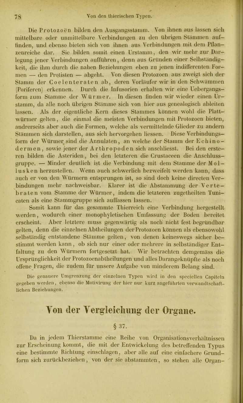Die Protozoen bilden den Ausgangsstamm. Von ihnen aus lassen sich mittelbare oder unmittelbare Verbindungen zu den übrigen Stämmen auf- linden, und ebenso bieten sich von ihnen aus Verbindungen mit dem Pflan- zenreiche dar. Sie bilden somit einen Urstanun, den wir mehr zur Dar- legung jener Verbindungen aufführen, denn aus Gründen einer Selbständig- keit, die ihm durch die nahen Beziehungen eben zu jenen indifferenten For- men — den Protisten — abgeht. Von diesen Protozoen aus zweigt sich der Stamm der C oelenteraten ab, deren Vorläufer wir in den Schwämmen (Poriferen) erkennen. Durch die Infusorien erhalten wir eine Uebergangs- form zum Stamme der Würmer. In diesen finden wir wieder einen Ur— stamm, da alle noch übrigen Stämme sich von hier aus genealogisch ableiten lassen. Als der eigentliche Kern dieses Stammes können wohl die Platt- würmer gelten, die einmal die meisten Verbindungen mit Protozoen bieten, andrerseits aber auch die Formen, welche als vermittelnde Glieder zu andern Stämmen sich darstellen, aus sich hervorgehen Hessen. Diese Verbindungs- form der Würmer sind die Annulaten, an welche der Stamm der Echino- dermen, sowie jener der Arthropoden sich anschliesst. Bei den erste- llen bilden die Asteriden, bei den letzteren die Crustaceen die Anschluss- gruppe. — Minder deutlich ist die Verbindung mit dem Stamme der Mol- lusken herzustellen. Wenn auch schwerlich bezweifelt werden kann, dass auch er von den Würmern entsprungen ist, so sind doch keine directen Ver- bindungen mehr nachweisbar. Klarer ist die Abstammung der Verte- braten vom Stamme der Würmer, indem die letzteren zugetheilten Tuni- caten als eine Stammgruppe sich auffassen lassen. Somit kann für das gesammte Thierreich eine Verbindung liergestellt werden, wodurch einer monophyletischen Umfassung der Boden bereitet erscheint. Aber letztere muss gegenwärtig als noch nicht fest begründbar gelten, denn die einzelnen Abtheilungen der Protozoen können als ebensowohl selbständig entstandene Stämme gelten, von denen keineswegs sicher be- stimmt werden kann , ob sich nur einer oder mehrere in selbständiger Ent- faltung zu den Würmern fortgesetzt hat. Wir betrachten demgemäss die Ursprünglichkeit der Protozoenabtheilungen und alles Darangeknüpfte als noch offene Fragen, die zudem für unsere Aufgabe von minderem Belang sind. Die genauere Umgrenzung der einzelnen Typen wird in den speciellen Capiteln gegeben werden, ebenso die Motivirung der hier nur kurz angeführten verwandtschaft- lichen Beziehungen. Von der Vergleichung1 der Organe. § 37. Da in jedem Thierstamme eine Reihe von Organisationsverhältnissen zur Erscheinung kommt, die mit der Entwickelung des betreffenden Typus eine bestimmte Richtung einschlagen, aber alle auf eine einfachere Grund- form sich zurückbeziehen, von der sie abstammten, so stehen alle Organ-