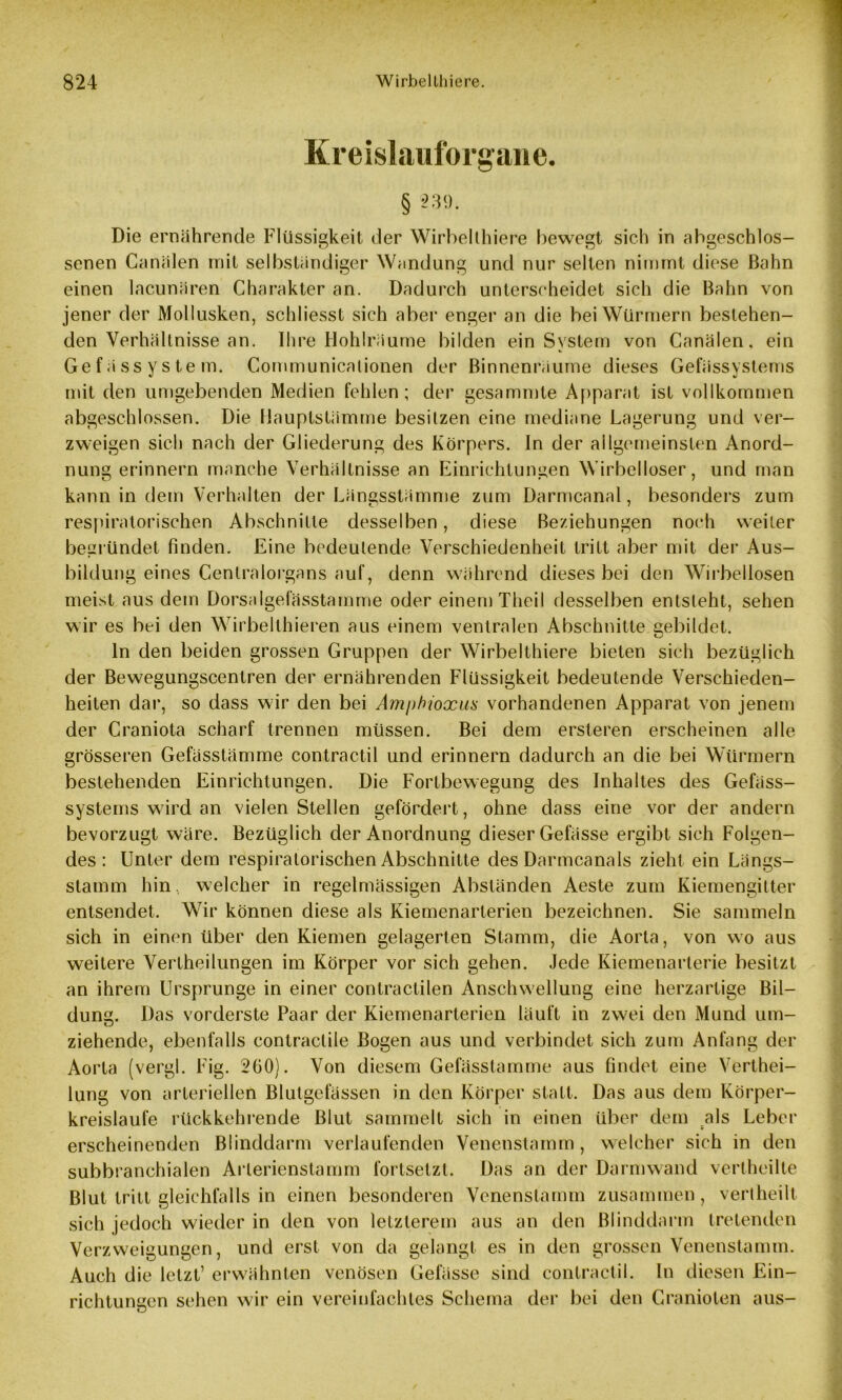 Kreislauforgane. Die ernährende Flüssigkeit der Wirbellhiere bewegt sich in abgeschlos- senen Canälen mit selbständiger Wandung und nur selten nimmt diese Bahn einen lacunären Charakter an. Dadurch unterscheidet sich die Bahn von jener der Mollusken, schliesst sich aber enger an die bei Würmern bestehen- den Verhältnisse an. Ihre Hohlräume bilden ein System von Canälen, ein Gefässystem. Communicationen der Binnenräume dieses Gefässyslems mit den umgebenden Medien fehlen; der gesammte Apparat ist vollkommen abgeschlossen. Die Hauptstämme besitzen eine mediane Lagerung und ver- zweigen sich nach der Gliederung des Körpers. In der allgemeinsten Anord- nung erinnern manche Verhältnisse an Einrichtungen Wirbelloser, und man kann in dem Verhalten der Längsstämme zum Darmcanal, besonders zum respiratorischen Abschnitte desselben, diese Beziehungen noch weiter begründet finden. Eine bedeutende Verschiedenheit tritt aber mit der Aus- bildung eines Centralorgans auf, denn während dieses bei den Wirbellosen meist aus dem Dorsalgefässtamme oder einem Theil desselben entsteht, sehen wir es bei den Wirbelthieren aus einem ventralen Abschnitte Gebildet. ln den beiden grossen Gruppen der Wirbelthiere bieten sich bezüglich der Bewegungscentren der ernährenden Flüssigkeit bedeutende Verschieden- heiten dar, so dass wir den bei Amphioxus vorhandenen Apparat von jenem der Craniota scharf trennen müssen. Bei dem ersteren erscheinen alle grösseren Gefässtämme contractil und erinnern dadurch an die bei Würmern bestehenden Einrichtungen. Die Fortbewegung des Inhaltes des Gefäss- systems wird an vielen Stellen gefördert, ohne dass eine vor der andern bevorzugt wäre. Bezüglich der Anordnung dieser Gefässe ergibt sich Folgen- des: Unter dem respiratorischen Abschnitte des Darmcanals zieht ein Längs- stamm hin, welcher in regelmässigen Abständen Aeste zum Kiemengitter entsendet. Wir können diese als Kiemenarterien bezeichnen. Sie sammeln sich in einen über den Kiemen gelagerten Stamm, die Aorta, von wo aus weitere Vertheilungen im Körper vor sich gehen. Jede Kiemenarterie besitzt an ihrem Ursprünge in einer contractilen Anschwellung eine herzartige Bil- dung. Das vorderste Paar der Kiemenarterien läuft in zwei den Mund um- ziehende, ebenfalls contractile Bogen aus und verbindet sich zum Anfang der Aorta (vergl. Fig. 2G0). Von diesem Gefässtämme aus findet eine Verthei- lung von arteriellen Blutgefässen in den Körper statt. Das aus dem Körper- kreisläufe rückkehrende Blut sammelt sich in einen über dem als Leber erscheinenden Blinddarm verlaufenden Venenstamm , welcher sich in den subbranchialen Arlerienstamm fortsetzt. Das an der Darmwand vertheilte Blut tritt gleichfalls in einen besonderen Venenstamm zusammen, vertheilt sich jedoch wieder in den von letzterem aus an den Blinddarm tretenden Verzweigungen, und erst von da gelangt es in den grossen Venenstamm. Auch die letzt’ erwähnten venösen Gefässe sind contractil. ln diesen Ein- richtungen sehen wir ein vereinfachtes Schema der bei den Craniolen aus-