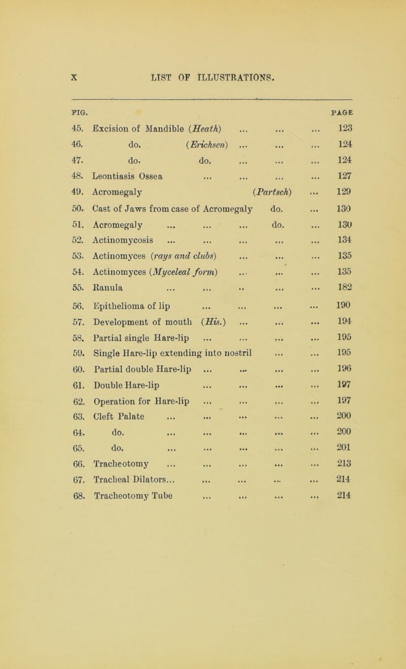 FIG. 45. Excision of Mandible (Heath) PAGE 123 46. do. (Erichscn) ... 124 47. do. do. ... ... 124 48. Leontiasis Ossea ... 127 49. Acromegaly (Partsch) ... 129 50. Cast of Jaws from case of Acromegaly do. 139 51. Acromegaly do. 130 52. Actinomycosis 134 53. Actinomyces (rays and clubs) 135 54. Actinomyces (Myceleal form) 135 55. Rauula 182 56. Epithelioma of lip ... ... 190 57. Development of mouth (His.) 194 58. Partial single Hare-lip • • • 195 59. Single Ilare-lip extending into nostril 195 60. Partial double Hare-lip 196 61. Double Ilare-lip 197 62. Operation for Hare-lip 197 63. Cleft Palate 200 64. do. ... ... ... ... 200 65. do. ... ... ... 201 66. Tracheotomy ... 213 67. Tracheal Dilators... ... 214 68. Tracheotomy Tube ... ... 214