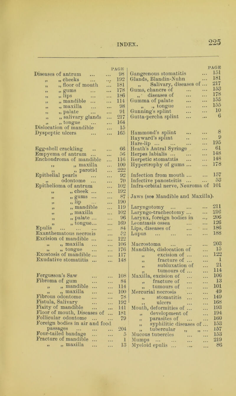 Diseases of antrum PAGE ... 98 „ „ cheeks ... 192 „ „ floor of mouth 181 „ „ gums ... 178 „ „ lips ... 186 „ „ mandible ... ... 114 „ „ maxilla ... 98 „ „ palate ... 91 „ „ salivary glands ... 217 „ „ tongue ... 164 Dislocation of mandible 15 Dyspeptic ulcers ... 165 Egg-shell crackling ... 66 Empyema of antrum ... ... 56 Enchondroma of mandible ... 116 ,, „ maxilla ... 100 ,, „ parotid 222 Epithelial pearls *92 „ odontome ... ... 70 Epithelioma of antrum ... 102 „ „ cheek ... ... 192 „ „ gums ... ... 87 » >) Up ... 190 „ ,, mandible ... 119 „ „ maxilla ... 102 „ „ palate ... ... 96 „ „ tongue... ... 169 Epulis ... 84 Exanthematous necrosis KO • • • «_ — Excision of mandible ... 122 .. „ maxilla ... 106 „ „ tongue ... 176 Exostosis of mandible... ... 117 Exudative stomatitis ... ... 148 Fergusson’s Saw ... 108 Fibroma of gum ... 84 „ „ mandible ... ... 114 „ „ maxilla ... 100 Fibrous odontome ... 78 Fistula, Salivary ... 192 Fixity of mandible ... 141 Floor of mouth, Diseases of ... 181 Follicular odontome ... ... 79 Foreign bodies in air and food passages ... 204 Four-tailed bandage ... ... 5 Fracture of mandible ... 1 „ „ maxilla ... 13 Gangrenous stomatitis PAGE ... 151 Glands, Blandin-Nuhn ... 181 „ Salivary, diseases of ... 217 ... 153 Gums, chancre of „• diseases of ... 17S Gumma of palate ... 155 „ ., tongue ... 155 Gunning’s splint 10 Gutta-percha splint 6 Hammond’s splint 8 Hayward’s splint 9 11 are-lip ... 195 Heath’s Antral Syringe ... 61 Herpes labialis ... 148 Herpetic stomatitis ... 148 Hypertrophy of gums ... ... 178 Infection from mouth ... ... 157 Infective panosteitis ... ... 53 Infra-orbital nerve, Neuroma of 101 Jaws (see Mandible and Maxilla). Laryngotomy 211 Laryngo-tracheotomy 216 Larynx, foreign bodies in .., 2U6 Leontiasis ossea 126 Lips, diseases of 186 Lupus 188 Macrostoma 203 Mandible, dislocation of 15 „ excision of 122 „ fracture of ... l „ subluxation of 21 „ tumours of 114 Maxilla, excision of 106 „ fracture of 13 „ tumours of 101 Mercurial necrosis 49 „ stomatitis 149 ,, ulcers 168 Mouth, deformities of 193 „ development of 194 „ parasites of 160 „ syphilitic diseases of ... 153 „ tubercular „ „ ... 157 Mucous tubercles 153 Mumps ... 219 Myeloid epulis 86