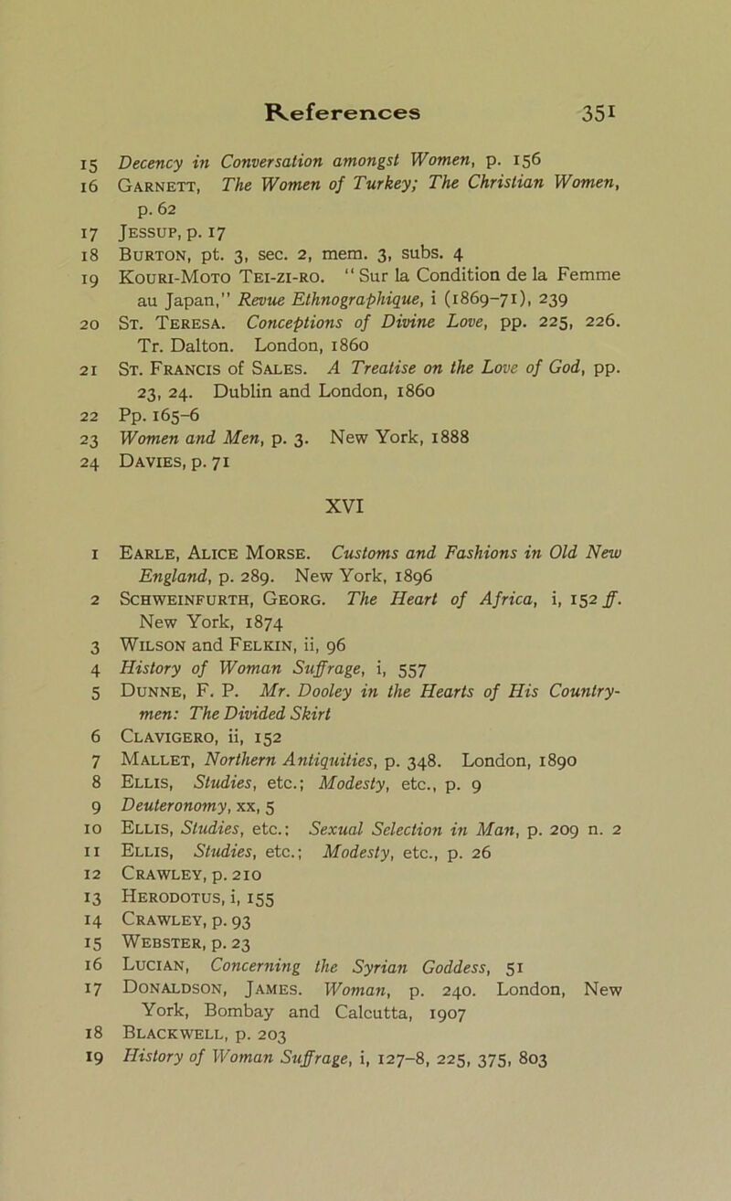 15 Decency in Conversation amongst Women, p. 156 16 Garnett, The Women of Turkey; The Christian Women, p. 62 17 Jessup, p. 17 18 Burton, pt. 3, sec. 2, mem. 3, subs. 4 19 Kouri-Moto Tei-zi-ro. “ Sur la Condition de la Femme au Japan,” Revue Ethnographique, i (1869-71), 239 20 St. Teresa. Conceptions of Divine Love, pp. 225, 226. Tr. Dalton. London, i860 21 St. Francis of Sales. A Treatise on the Love of God, pp. 23, 24. Dublin and London, i860 22 Pp. 165-6 23 Women and Men, p. 3. New York, 1888 24 Davies, p. 71 XVI 1 Earle, Alice Morse. Customs and Fashions in Old New England, p. 289. New York, 1896 2 Schweinfurth, Georg. The Heart of Africa, i, 152 ff. New York, 1874 3 Wilson and Felkin, ii, 96 4 History of Woman Suffrage, i, 557 5 Dunne, F. P. Mr. Dooley in the Hearts of His Country- men: The Divided Skirt 6 Clavigero, ii, 152 7 Mallet, Northern Antiquities, p. 348. London, 1890 8 Ellis, Studies, etc.; Modesty, etc., p. 9 9 Deuteronomy, xx, 5 10 Ellis, Studies, etc.; Sexual Selection in Man, p. 209 n. 2 11 Ellis, Studies, etc.; Modesty, etc., p. 26 12 Crawley, p. 210 13 Herodotus, i, 155 14 Crawley, p. 93 15 Webster, p. 23 16 Lucian, Concerning the Syrian Goddess, 51 17 Donaldson, James. Woman, p. 240. London, New York, Bombay and Calcutta, 1907 18 Blackwell, p. 203 19 History of Woman Suffrage, i, 127-8, 225, 375, 803