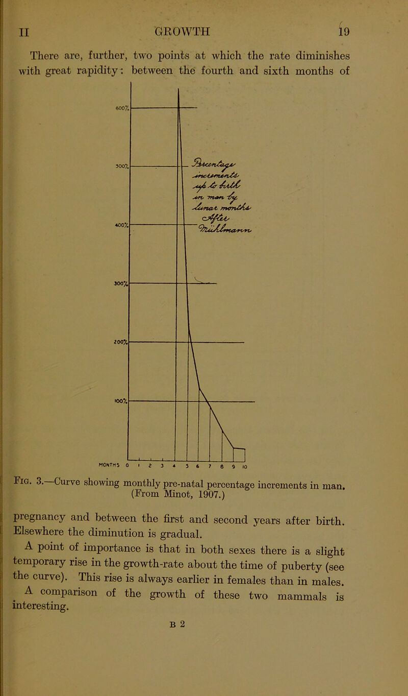 There are, further, two points at which the rate diminishes with great rapidity : between the fourth and sixth months of Fig. 3. Curve showing monthly pre-natal percentage increments in man. (From Minot, 1907.) piegnancy and between the first and second years after birth. Elsewhere the diminution is gradual. A point of importance is that in both sexes there is a slight temporary rise in the growth-rate about the time of puberty (see the curve). This rise is always earlier in females than in males. A comparison of the growth of these two mammals is interesting. b 2