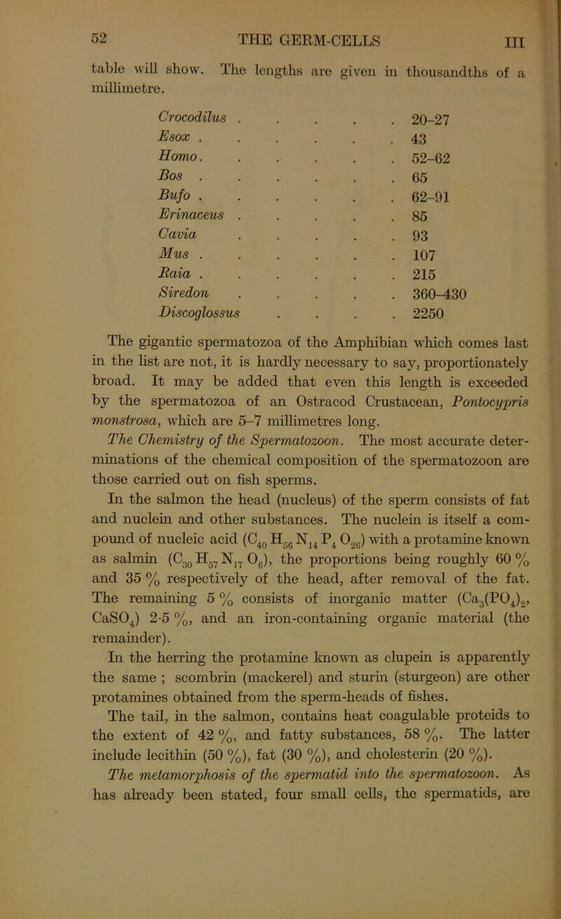 table will show. The lengths are given in thousandths of a millimetre. Crocodilus Esox . Homo. Bos . Bufo . Erinaceus Cavia Mus . Raid . Siredon Discoglossus . 20-27 . 43 . 52-62 . 65 . 62-91 . 85 . 93 . 107 . 215 . 360-430 . 2250 The gigantic spermatozoa of the Amphibian which comes last in the list are not, it is hardly necessary to say, proportionately broad. It may be added that even this length is exceeded by the spermatozoa of an Ostracod Crustacean, Pontocypris monstrosa, which are 5-7 millimetres long. The Chemistry of the Spermatozoon. The most accurate deter- minations of the chemical composition of the spermatozoon are those carried out on fish sperms. In the salmon the head (nucleus) of the sperm consists of fat and nuclein and other substances. The nuclein is itself a com- pound of nucleic acid (C40 H56 N14 P4 02G) with a protamine known as salmin (C30H57N17 0G), the proportions being roughly 60% and 35 % respectively of the head, after removal of the fat. The remaining 5 % consists of inorganic matter (Ca3(P04)2, CaS04) 2-5 %, and an iron-containing organic material (the remainder). In the herring the protamine known as clupein is apparently the same ; scombrin (mackerel) and sturin (sturgeon) are other protamines obtained from the sperm-heads of fishes. The tail, in the salmon, contains heat coagulable proteids to the extent of 42 %, and fatty substances, 58 %. The latter include lecithin (50 %), fat (30 %), and cholesterin (20 %). The metamorphosis of the spermatid into the spermatozoon. As has already been stated, four small cells, the spermatids, are