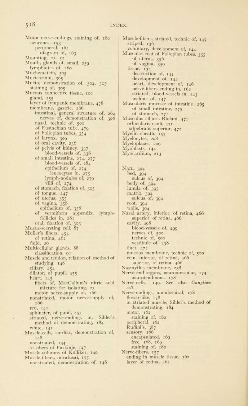 Motor nerve-endings, staining of, 182 neurones. 153 peripheral, 162 diagram of, 163 Mounting, 21, 52 Mouth, glands of, small, 259 lymphatics of, 26p Muchematein, 305 Muc.icarmin, 305 Mucin, demonstration of, 304, 305 staining of, 305 Mucous connective tissue, 10c gland, 255 layer of tvmpanic membrane, 478 membrane, gastric, 266 intestinal, general structure of, 264 nerves of, demonstration of, 306 nasal, technic of, 500 of Eustachian tube, 479 of Fallopian tubes, 354 of larynx, 309 of oral cavity, 236 of pelvis of kidnev, 337 blood-vessels of, 338 of small intestine, 274, 277 blood-vessels of, 284 epithelium of, 274 leucocytes in, 275 lymph-nodules of, 279 villi of, 274 of stomach, fixation of, 305 of tongue, 247 of uterus, 355 of vagina, 358 epithelium of, 358 of vermiform appendix, lymph- follicles in, 281 oral, fixation of, 303 Mucus-secreting cell, 87 Müller’s fibers, 454 of retina, 462 fluid, 26 Multicellular glands, 88 Classification, 91 Muscle and tendon, relation of, method of studying, 148 ciliary, 454 dilator, of pupil, 455 heart, 145 fibers of, MacCallum’s nitric acid mixture for isolating, 23 motor nerve-supply of, 166 nonstriated, motor nerve-supply of, 166 red, 141 -sphincter, of pupil, 455 striated, nerve-endings in, Sihler’s method of demonstrating, 184 white, 141 Muscle-cells, cardiac, demonstration of, 148 nonstriated, 134 mf fibers of Purkinje, 147 Muscle-columns of Kölliker, 140 Muscle-fibers, intrafusal, 175 nonstriated, demonstration of, 148 Muscle=fibers, striated, technic of, 147 striped, 136 voluntary, development of, 144 Muscular coat of Fallopian tubes, ^c c: of uterus, 356 . of vagina, 359 tissue, 134 destruction of, 144 development of, 144 heart, development of, 146 nerve-fibers ending in, 162 striated, blood-vessels in, 143 technic of, 147 Muscularis mucosae of intestine 265 of small intestine, 279 of stomach, 271 Musculus ciliaris Riolani, 471 orbicularis oculi, 471 palpebralis superior, 472 Myelin sheath, 157 Myelocytes, 208 Myeloplaxes, 209 Myoblasts, 144 Mvocardium, 213 Nail, 394 bed, 394 sulcus of, 394 body of, 394 lunula of, 395 matrix, 394 sulcus of, 394 root, 394 walls, 394 Nasal artery, inferior, of retina, 466 superior, of retina, 466 cavity, 498 blood-vessels of, 499 nerves of, 500 technic of, 500 Vestibüle of, 498 duct, 474 mucous membrane, technic of, 500 vein, inferior, of retina, 466 superior, of retina, 466 Nasmyth’s membrane, 238 Nerve end-organs, neuromuscular, 174 neurotendinous, 178 Nerve-cells, 149. See also Ganglion cell. Nerve-endings, annulospiral, 178 flower-like, 178 in striated muscle, Sihler’s method of demonstrating, 184 motor, 162 staining of, 182 peripheral, 162 Ruffmi’s, 387 sensory, 166 encapsulated, 169 free, 168, 169 staining of, 182 Nerve-fibers, 157 ending in muscle tissue, 162 layer of retina, 464