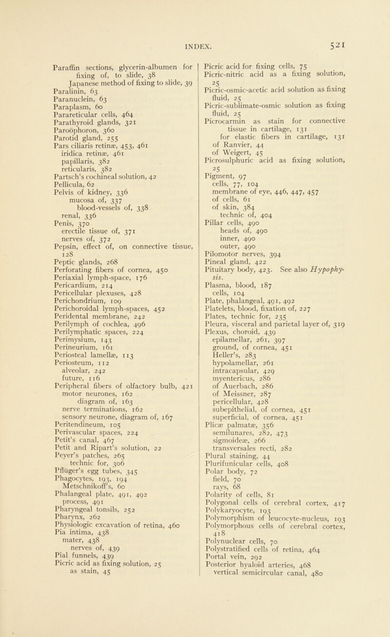 Paraffin sections, glycerin-albumen for fixing of, to slide, 38 Japanese method of fixing to slide, 39 Paralinin, 63 Paranuclein, 63 Paraplasm, 60 Parareticular cells, 464 Parathyroid glands, 321 Paroöphoron, 360 Parotid gland, 255 Pars ciliaris retinae, 453, 461 iridica retinae, 461 papillaris, 382 reticularis, 382 Partsch’s cochineal solution, 42 Pellicula, 62 Pelvis of kidney, 336 mucosa of, 337 blood-vessels of, 338 renal, 336 Penis, 370 erectile tissue of, 371 nerves of, 372 Pepsin, effect of, on connective tissue, 128 Peptic glands, 268 Perforating fibers of cornea, 450 Periaxial lymph-space, 176 Pericardium, 214 Pericellular plexuses, 428 Perichondrium, 109 Perichoroidal lymph-spaces, 452 Peridental membrane, 242 Perilymph of cochlea, 496 Perilymphatic spaces, 224 Perimysium, 143 Perineurium, 161 Periosteal lamellae, 113 Periosteum, 112 alveolar, 242 future, 116 Peripheral fibers of olfactory bulb, 421 motor neurones, 162 . di a gram of, 163 nerve terminations, 162 sensory neurone, diagram of, 167 Peritendineum, 105 Perivascular spaces, 224 Petit’s canal, 467 Petit and Ripart’s solution, 22 Peyer’s patches, 265 technic for, 306 Pflüger’s egg tubes, 345 Phagocytes, 193, 194 Metschnikoff’s, 60 Phalangeal plate, 491, 492 process, 491 Pharyngeal tonsils, 252 Pharynx, 262 Physiologie excavation of retina, 460 Pia intima, 438 mater, 438 nerves of, 439 Pial funnels, 439 Picric acid as fixing solution, 25 as stain, 45 Picric acid for fixing cells, 75 Picric-nitric acid as a fixing solution, 25 Picric-osmic-acetic acid solution as fixing fluid, 25 Picric-sublimate-osmic solution as fixing fluid, 25 Picrocarmin as stain for connective tissue in cartilage, 131 for elastic fibers in cartilage, 131 of Ranvier, 44 of Weigert, 45 Picrosulphuric acid as fixing solution, _25 Pigment, 97 cells, 77, 104 membrane of eye, 446, 447, 457 of cells, 61 of skin, 384 technic of, 404 Pillar cells, 490 heads of, 490 inner, 490 outer, 490 Pilomotor nerves, 394 Pineal gland, 422 Pituitary body, 423. See also Hypophy- sis. Plasma, blood, 187 cells, 104 Plate, phalangeal, 491, 492 Platelets, blood, fixation of, 227 Plates, technic for, 235 Pleura, visceral and parietal layer of, 319 Plexus, choroid, 439 epilamellar, 261, 397 ground, of cornea, 4^1 Heller’s, 283 hypolamellar, 261 intracapsular, 429 myentericus, 286 of Auerbach, 286 of Meissner, 287 pericellular, 428 subepithelial, of cornea, 451 superficial, of cornea, 451 Plicae palmatae, 356 semilunares, 282, 473 sigmoidese, 266 transversales recti, 282 Plural staining, 44 Plurifunicular cells, 408 Polar body, 72 field, 70 ravs, 68 Polarity of cells, 81 Polygonal cells of cerebral cortex, 417 Polykaryocyte, 193 Polvmorphism of leucocyte-nucleus, 193 Polvmorphous cells of cerebral cortex, 418 Polynuclear cells, 70 Polystratified cells of retina, 464 Portal vein, 292 Posterior hyaloid arteries, 468 vertical semicircular canal, 480