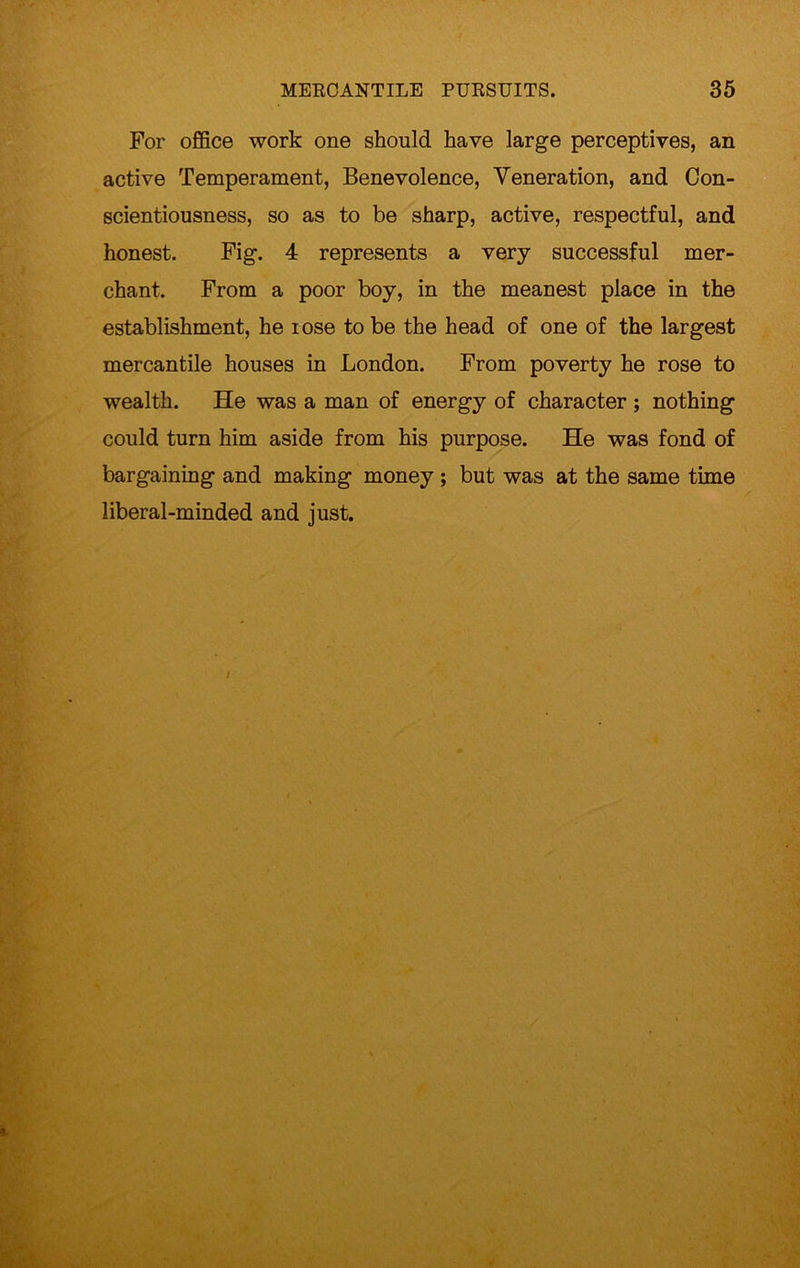 For office work one should have large perceptives, an active Temperament, Benevolence, Veneration, and Con- scientiousness, so as to be sharp, active, respectful, and honest. Fig. 4 represents a very successful mer- chant. From a poor boy, in the meanest place in the establishment, he rose to be the head of one of the largest mercantile houses in London. From poverty he rose to wealth. He was a man of energy of character ; nothing could turn him aside from his purpose. He was fond of bargaining and making money ; but was at the same time liberal-minded and just.