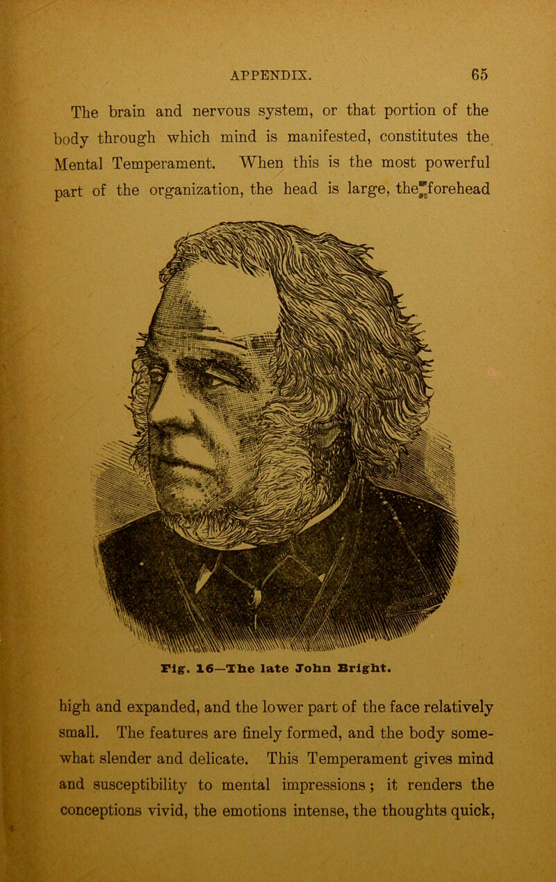 The brain and nervous system, or that portion of the body through which mind is manifested, constitutes the Mental Temperament. When this is the most powerful part of the organization, the head is large, the*forehead Fig. 16—The late John Bright. high and expanded, and the lower part of the face relatively small. The features are finely formed, and the body some- what slender and delicate. This Temperament gives mind and susceptibility to mental impressions; it renders the conceptions vivid, the emotions intense, the thoughts quick.