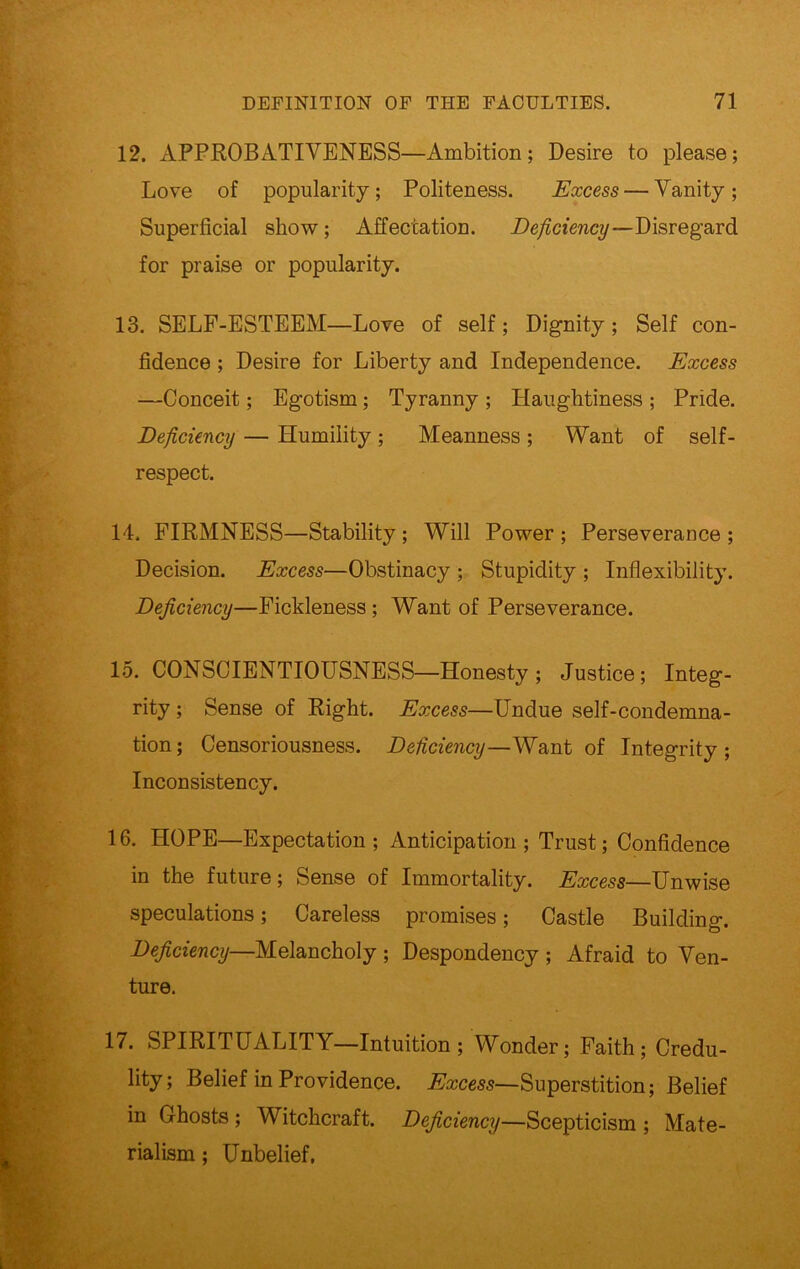 12. APPROBATIVENESS—Ambition; Desire to please; Love of popularity; Politeness. Excess — Vanity; Superficial show; Affectation. Deficiency—Disregard for praise or popularity. 13. SELF-ESTEEM—Love of self; Dignity ; Self con- fidence ; Desire for Liberty and Independence. Excess —Conceit; Egotism ; Tyranny ; Haughtiness ; Pride. Deficiency — Humility ; Meanness ; Want of self- respect. 14. FIRMNESS—Stability ; Will Power ; Perseverance ; Decision. Excess—Obstinacy ; Stupidity ; Inflexibility. Deficiency—Fickleness ; Want of Perseverance. 15. CONSCIENTIOUSNESS—Honesty ; Justice; Integ- rity ; Sense of Right. Excess—Undue self-condemna- tion; Censoriousness. Deficiency—Want of Integrity; Inconsistency. 16. HOPE—Expectation; Anticipation; Trust; Confidence in the future; Sense of Immortality. Excess—Unwise speculations; Careless promises; Castle Building. Deficiency—Melancholy ; Despondency ; Afraid to Ven- ture. 17. SPIRITUALITY—Intuition; Wonder; Faith; Credu- lity; Belief in Providence. Excess— Superstition; Belief in Ghosts ; Witchcraft. Deficiency—Scepticism ; Mate- rialism ; Unbelief.