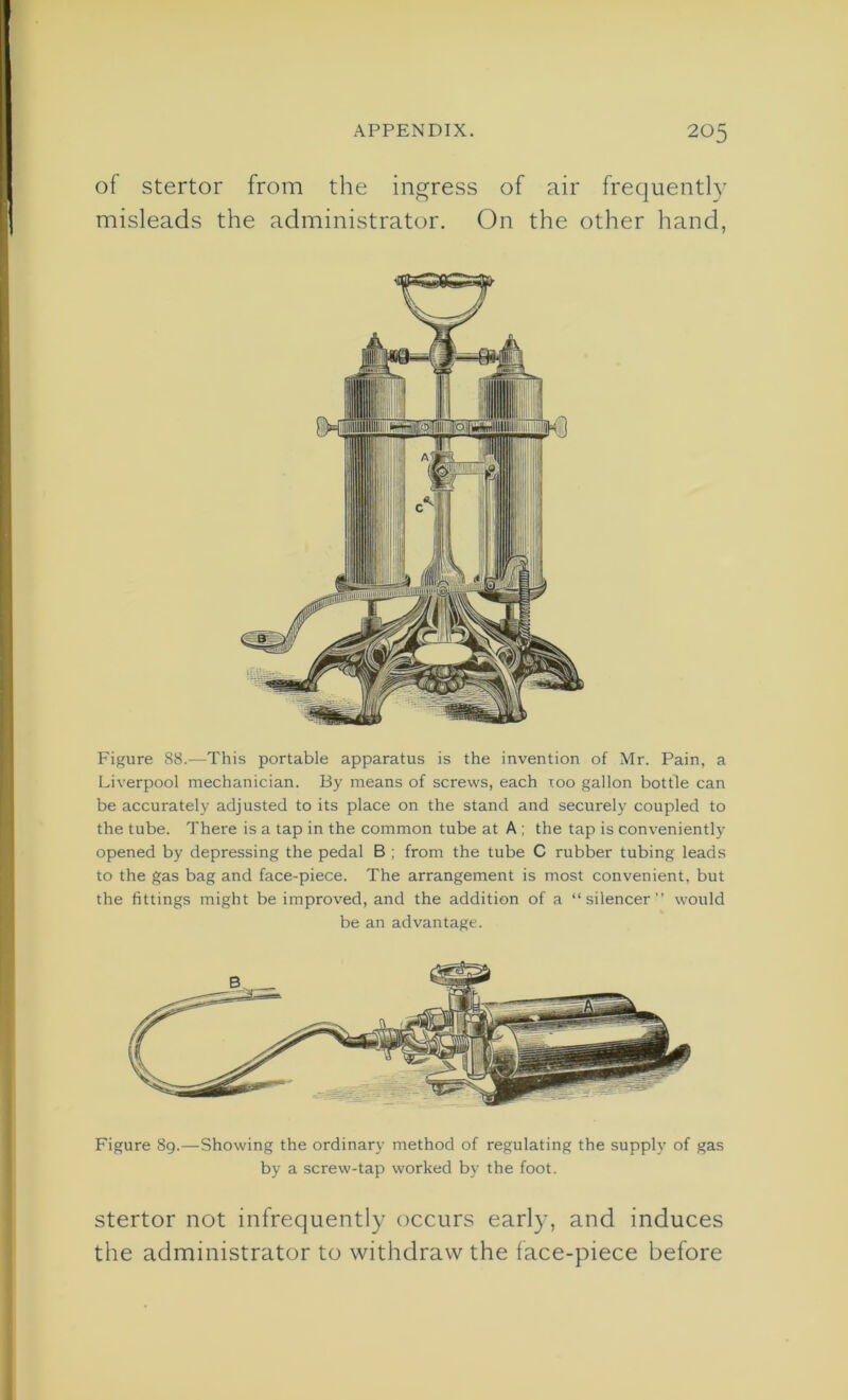 of stertor from the ingress of air frequently misleads the administrator. On the other hand, Figure 88.—This portable apparatus is the invention of Mr. Pain, a Liverpool mechanician. By means of screws, each too gallon bottle can be accurately adjusted to its place on the stand and securely coupled to the tube. There is a tap in the common tube at A ; the tap is conveniently opened by depressing the pedal B ; from the tube C rubber tubing leads to the gas bag and face-piece. The arrangement is most convenient, but the fittings might be improved, and the addition of a “silencer” would be an advantage. Figure 89.—Showing the ordinary method of regulating the supply of gas by a screw-tap worked by the foot. stertor not infrequently occurs early, and induces the administrator to withdraw the face-piece before