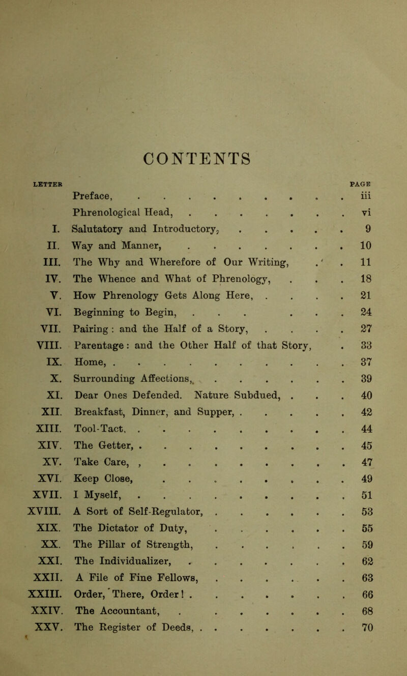 CONTENTS LETTER PAGE Preface, Phrenological Head, iii vi I. Salutatory and Introductory, . 9 II. Way and Manner, 10 III. The Why and Wherefore of Our Writing, 11 IV. The Whence and What of Phrenology, 18 V. How Phrenology Gets Along Here, 21 VI. Beginning to Begin, 24 VII. Pairing : and the Half of a Story, 27 VIII. Parentage: and the Other Half of that Story, 33 IX. Home, ...... 37 X. Surrounding Affections^ 39 XI. Dear Ones Defended. Nature Subdued, . 40 XII. Breakfast, Dinner, and Supper, . 42 XIII. Tool-Tact . • . 44 XIV. The Getter, . 45 XV. Take Care, , . . . 47 XVI. Keep Close, .... • 49 XVII. I Myself, ..... . 51 XVIII. A Sort of Self-Regulator, . . 53 XIX. The Dictator of Duty, . • . 55 XX. The Pillar of Strength, . 59 XXI. The Individualizer, ^ . 62 XXII. A File of Fine Fellows, . .. . 63 XXIII. Order, There, Order! . . 66 XXIV. The Accountant, . . • 68 XXV. The Register of Deeds, . . . 70
