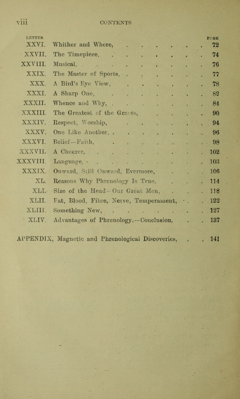 LETTER P.‘ GE XXYI. Whither and Where, . . 72 XXVII. The Timepiece, 74 XXVIII. Musical, . . ...... . 76 XXIX. The Master of Sports, ..... . 77 XXX. A Bird’s Eye View, . 78 XXXI. A Sharp One, ...... . 82 XXXII. Whence and Why, . . .... . 84 XXXIII. The Greatest of the Graces, . 90 XXXIV. Respect, Worship, . 94 XXXV. One Like Another, . ..... . 96 XXXVI. Belief—Faith, ...... . 98 XXXVII. A Cheerer, ....... . 102 XXXVIII. Language, ^ „ . 103 XXXIX. Onward, Still Onward, Evermore, . 106 XL. Reasons W’hy Phrenology Is True, . 114 XLI. Size of the Head- Our Great Men, . 118 XLII. Fat, Blood, Fibre, Nerve, Temperament, * . . 122 XLIII. Something New, ...... . 127 XLIV. Advantages of Phrenology.—Conclusion, . 137 APPENDIX, Magnetic and Phrenological Discoveries, . . 141