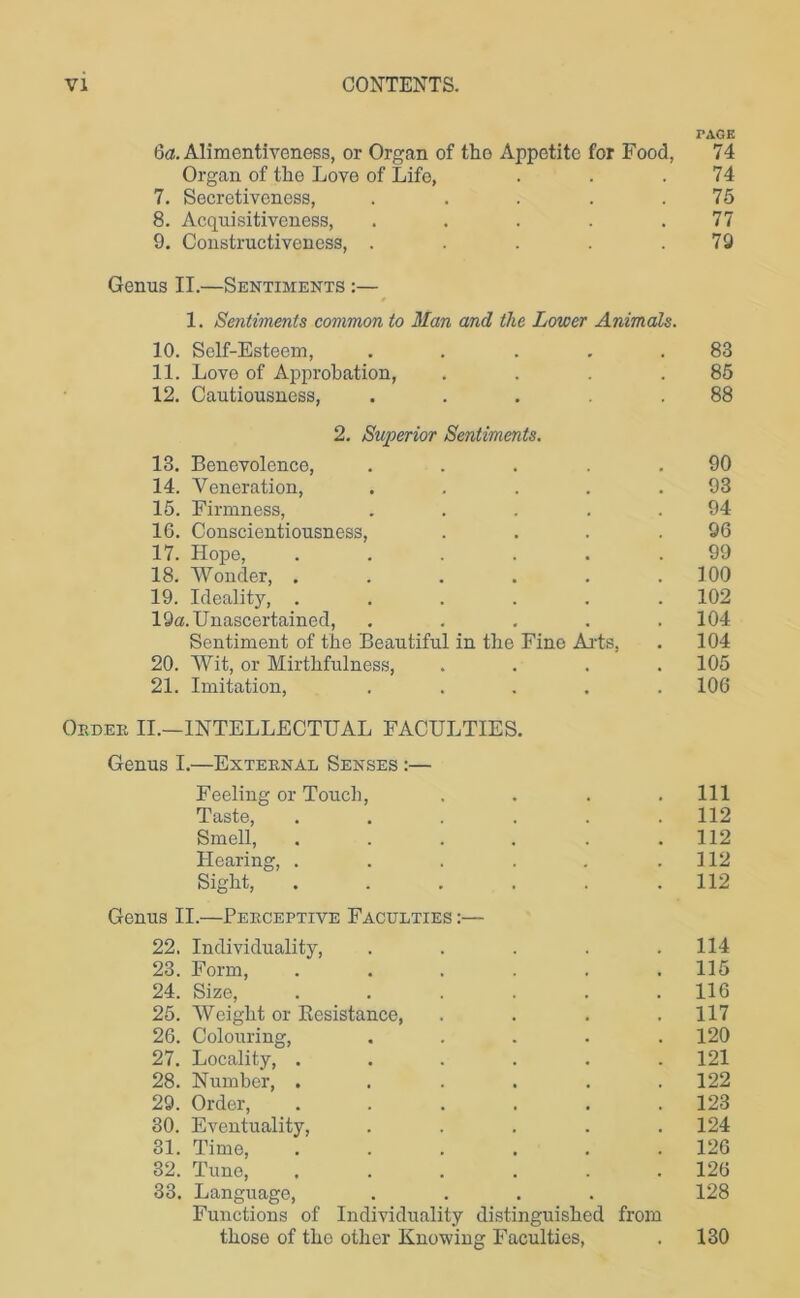TAGE 6a. Alimentiveness, or Organ of tho Appetite for Food, 74 Organ of the Love of Life, . . .74 7. Secretiveness, ..... 75 8. Acquisitiveness, ..... 77 9. Constructiveness, . . . . .79 Genus II.—Sentiments :— 1. Sentiments common to Man and the Lower Animals. 10. Self-Esteem, . . ... 83 11. Love of Approbation, . . . .85 12. Cautiousness, ..... 88 2. Superior Sentiments. 13. Benevolence, . . . . .90 14. Veneration, . . . . .93 15. Firmness, . . . . .94 16. Conscientiousness, . . . .96 17. Hope, .99 18. Wonder, 100 19. Ideality, ...... 102 19a. Unascertained, ..... 104 Sentiment of the Beautiful in the Fine Arts, . 104 20. Wit, or Mirthfulness, . . . .105 21. Imitation, ..... 106 Order II.—INTELLECTUAL FACULTIES. Genus I.—External Senses :— Feeling or Touch, . . . .111 Taste, ...... 112 Smell, ...... 112 Hearing, . . . . . .112 Sight, 112 Genus II.—Perceptive Faculties :— 22. Individuality, . . . . .114 23. Form, ...... 115 24. Size, ...... 116 25. Weight or Resistance, .... 117 26. Colouring, ..... 120 27. Locality, ...... 121 28. Number, ...... 122 29. Order, ...... 123 30. Eventuality, ..... 124 31. Time, 126 32. Tune, ...... 126 33. Language, .... 128 Functions of Individuality distinguished from those of tho other Knowing Faculties, . 130