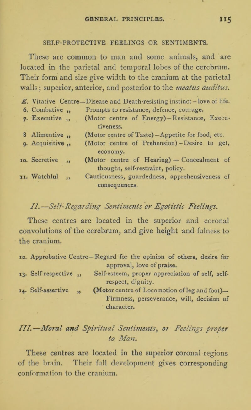 SELF-PROTECTIVE FEELINGS OR SENTIMENTS. These are common to man and some animals, and are located in the parietal and temporal lobes of the cerebrum. Their form and size give width to the cranium at the parietal walls; superior, anterior, and posterior to the meatus auditus. E. Vitative Centre—Disease and Death-resisting instinct-love of life. 6. Combative „ 7. Executive ,, 8 Alimentive „ 9. Acquisitive ,, to. Secretive ,, 11. Watchful ,, Prompts to resistance, defence, courage. (Motor centre of Energy) —Resistance, Execu- tiveness. (Motor centre of Taste)—Appetite for food, etc. (Motor centre of Prehension)-Desire to get, economy. (Motor centre of Hearing) — Concealment of thought, self-restraint, policy. Cautiousness, guardedness, apprehensiveness of consequences II.—Self-Regarding Sentiments or Egotistic Feelings. These centres are located in the superior and coronal convolutions of the cerebrum, and give height and fulness to the cranium. 12. Approbative Centre—Regard for the opinion of others, desire for approval, love of praise. 13. Self-respective ,, Self-esteem, proper appreciation of self, self- respect, dignity. 14. Self-assertive „ (Motor centre of Locomotion of leg and foot)— Firmness, perseverance, will, decision of character. III.—Moral and Spiritual Sentiments, or Feelings proper to Man. These centres are located in the superior coronal regions of the brain. Their full development gives corresponding conformation to the cranium.