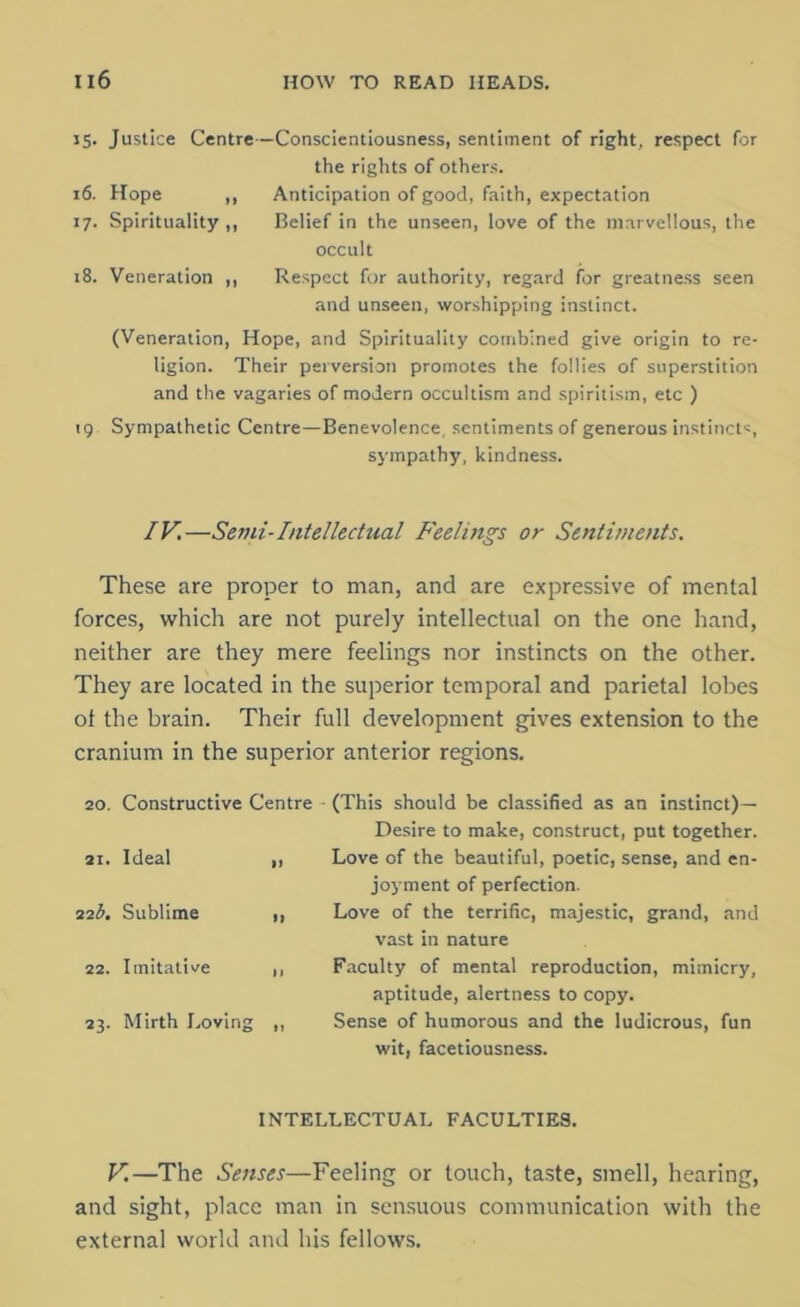35. Justice Centre—Conscientiousness, sentiment of right, respect for the rights of others. 16. Hope „ Anticipation of good, faith, expectation 17. Spirituality ,, Belief in the unseen, love of the marvellous, the occult 18. Veneration ,, Respect for authority, regard for greatness seen and unseen, worshipping instinct. (Veneration, Hope, and Spirituality combined give origin to re- ligion. Their perversion promotes the follies of superstition and the vagaries of modern occultism and spiritism, etc ) 19 Sympathetic Centre—Benevolence, sentiments of generous instincts, sympathy, kindness. IV.—Semi-Intellectual Feelings or Sentiments. These are proper to man, and are expressive of mental forces, which are not purely intellectual on the one hand, neither are they mere feelings nor instincts on the other. They are located in the superior temporal and parietal lobes ot the brain. Their full development gives extension to the cranium in the superior anterior regions. 20. Constructive Centre 21. Ideal ,, •22b. Sublime ,, 22. Imitative ,, 23. Mirth Loving ,, (This should be classified as an instinct)— Desire to make, construct, put together. Love of the beautiful, poetic, sense, and en- joyment of perfection. Love of the terrific, majestic, grand, and vast in nature Faculty of mental reproduction, mimicry, aptitude, alertness to copy. Sense of humorous and the ludicrous, fun wit, facetiousness. INTELLECTUAL FACULTIES. V.—The Senses—Feeling or touch, taste, smell, hearing, and sight, place man in sensuous communication with the external world and his fellows.