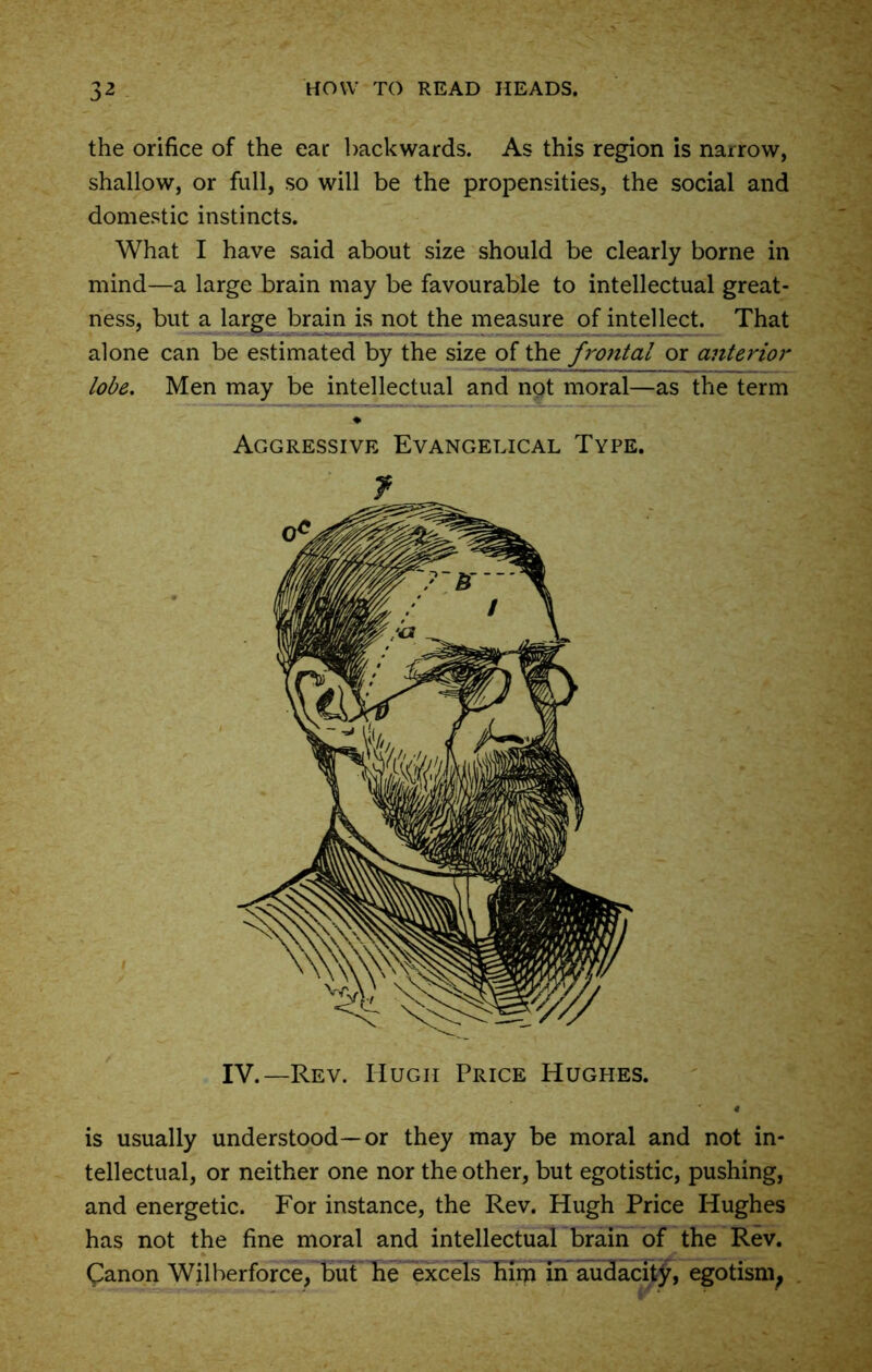 the orifice of the ear backwards. As this region is narrow, shallow, or full, so will be the propensities, the social and domestic instincts. What I have said about size should be clearly borne in mind—a large brain may be favourable to intellectual great- ness, but a large brain is not the measure of intellect. That alone can be estimated by the size of the frontal or anterior lobe. Men may be intellectual and not moral—as the term ♦ Aggressive Evangelical Type. f IV.—Rev. Hugh Price Hughes. is usually understood—or they may be moral and not in- tellectual, or neither one nor the other, but egotistic, pushing, and energetic. For instance, the Rev. Hugh Price Hughes has not the fine moral and intellectual brain of the Rev. Canon Wilberforce, but he excels him in audacity, egotism^