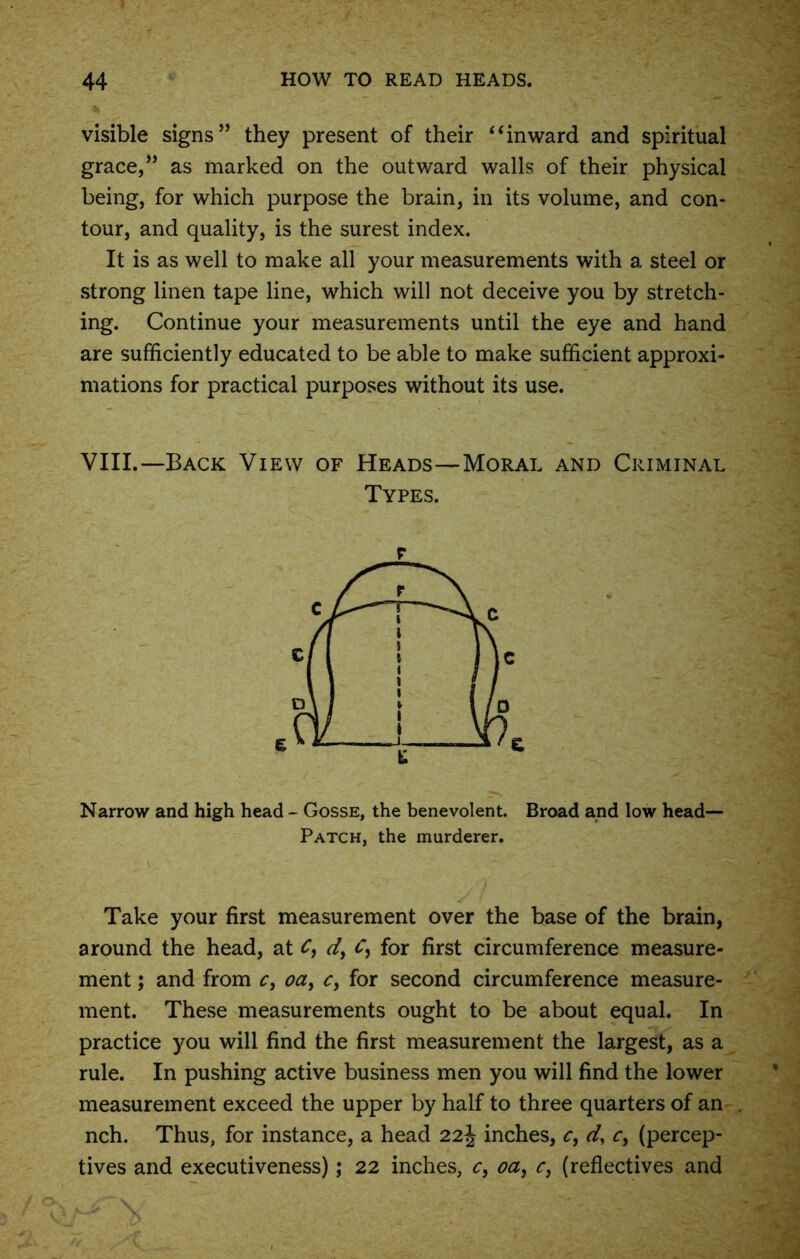 visible signs” they present of their “inward and spiritual grace,” as marked on the outward walls of their physical being, for which purpose the brain, in its volume, and con- tour, and quality, is the surest index. It is as well to make all your measurements with a steel or strong linen tape line, which will not deceive you by stretch- ing. Continue your measurements until the eye and hand are sufficiently educated to be able to make sufficient approxi- mations for practical purposes without its use. VIII.—Back View of Heads—Moral and Criminal Types. r Narrow and high head - Gosse, the benevolent. Broad and low head— Patch, the murderer. j Take your first measurement over the base of the brain, around the head, at C, d, C9 for first circumference measure- ment ; and from c, oa9 c, for second circumference measure- ment. These measurements ought to be about equal. In practice you will find the first measurement the largest, as a rule. In pushing active business men you will find the lower measurement exceed the upper by half to three quarters of an nch. Thus, for instance, a head 22\ inches, c, d, c, (percep- tives and executiveness); 22 inches, c, oa, c, (reflectives and