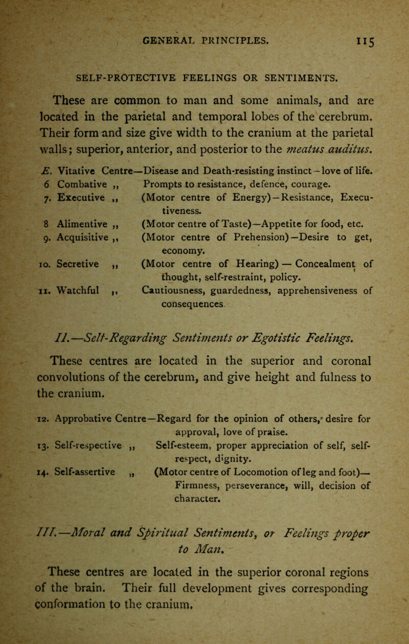 SELF-PROTECTIVE FEELINGS OR SENTIMENTS. These are common to man and some animals, and are located in the parietal and temporal lobes of the cerebrum. Their form and size give width to the cranium at the parietal walls; superior, anterior, and posterior to the meatus auditus. E. Vitative Centre- 6 Combative ,, 7. Executive ,, 8 Alimentive ,, 9. Acquisitive ,, 10. Secretive 11. Watchful >1 >• -Disease and Death-resisting instinct -love of life. Prompts to resistance, defence, courage. (Motor centre of Energy) —Resistance, Execu- tiveness. (Motor centre of Taste)—Appetite for food, etc. (Motor centre of Prehension)—Desire to get, economy. (Motor centre of Hearing) — Concealment of thought, self-restraint, policy. Cautiousness, guardedness, apprehensiveness of consequences. II.—Self-Regarding Sentiments or Egotistic Feelings. These centres are located in the superior and coronal convolutions of the cerebrum, and give height and fulness to the cranium. 12. Approbative Centre—Regard for the opinion of others/ desire for approval, love of praise. 13. Self-respective ,, Self-esteem, proper appreciation of self, self- respect, dignity. 14. Self-assertive „ (Motor centre of Locomotion of leg and foot)— Firmness, perseverance, will, decision of character. I IT.—Moral and Spiritual Sentiments, or Feelings proper to Man. These centres are located in the superior coronal regions of the brain. Their full development gives corresponding conformation to the cranium.