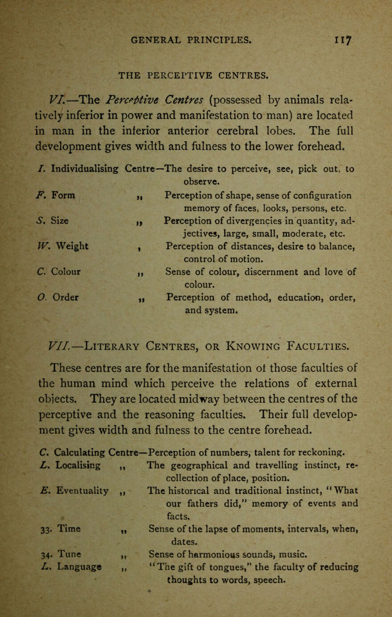 THE PERCEPTIVE CENTRES. VL—The Perceptive Centres (possessed by animals rela- tively inferior in power and manifestation to man) are located in man in the inferior anterior cerebral lobes. The full development gives width and fulness to the lower forehead. I. Individualising Centre—The desire to perceive, see, pick out, to observe. F. Form S. Size IV. Weight C. Colour O. Order Perception of shape, sense of configuration memory of faces, looks, persons, etc. Perception of divergencies in quantity, ad- jectives, large, small, moderate, etc. Perception of distances, desire to balance, control of motion. Sense of colour, discernment and love of colour. Perception of method, education, order, and system. VII.—Literary Centres, or Knowing Faculties. These centres are for the manifestation of those faculties of the human mind which perceive the relations of external objects. They are located midway between the centres of the perceptive and the reasoning faculties. Their full develop- ment gives width and fulness to the centre forehead. C. Calculating Centre—Perception of numbers, talent for reckoning. L. Localising 33. Time 34. Tune L. Language >» E. Eventuality ,, t* n >» The geographical and travelling instinct, re- collection of place, position. The historical and traditional instinct, “What our fathers did,” memory of events and facts. Sense of the lapse of moments, intervals, when, dates. Sense of harmonious sounds, music. “The gift of tongues,” the faculty of reducing thoughts to words, speech.