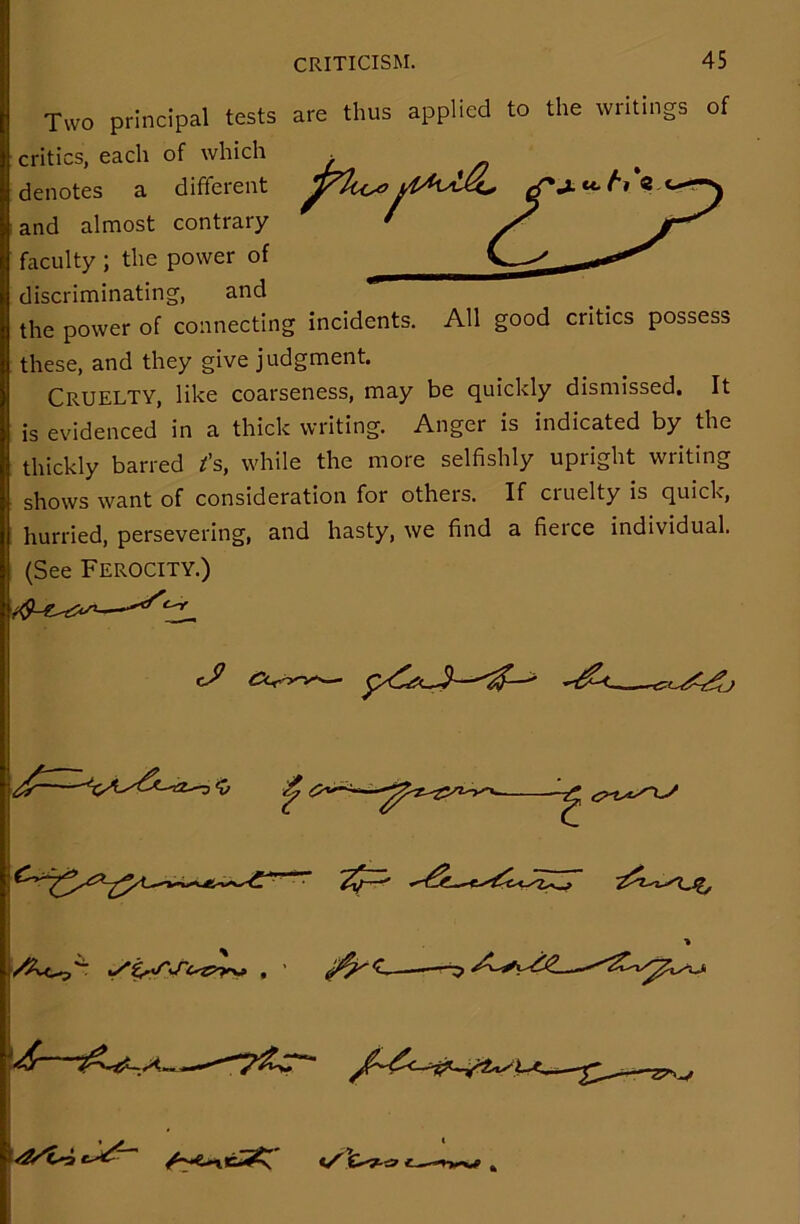 Two principal tests are thus applied to the writings of critics, each of which denotes a different and almost contrary faculty ; the power of discriminating, and the power of connecting incidents. All good critics possess these, and they give judgment. Cruelty, like coarseness, may be quickly dismissed. It is evidenced in a thick writing. Anger is indicated by the thickly barred t’s, while the more selfishly upright writing shows want of consideration for others. If cruelty is quick, hurried, persevering, and hasty, we find a fierce individual. (See Ferocity.) ~ ■* ZrS'S’, ' 1