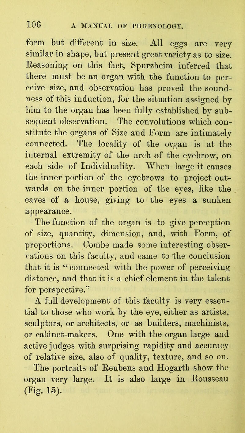 form but different in size. All eggs are very similar in shape, but present great variety as to size. Reasoning on this fact, Spurzheim inferred that there must be an organ with the function to per- ceive size, and observation has proved the sound- ness of this induction, for the situation assigned by him to the organ has been fully established by sub- sequent observation. The convolutions which con- stitute the organs of Size and Form are intimately connected. The locality of the organ is at the internal extremity of the arch of the eyebrow, on each side of Individuality. When large it causes the inner portion of the eyebrows to project out- wards on the inner portion of the eyes, like the eaves of a house, giving to the eyes a sunken appearance. The function of the organ is to give perception of size, quantity, dimension, and, with Form, of proportions. Combe made some interesting obser- A7ations on this faculty, and came to the conclusion that it is “ connected with the power of perceiving distance, and that it is a chief element in the talent for perspective.” A full development of this faculty is very essen- tial to those who work by the eye, either as artists, sculptors, or architects, or as builders, machinists, or cabinet-makers. One with the organ large and active judges with surprising rapidity and accuracy of relative size, also of quality, texture, and so on. The portraits of Reubens and Hogarth show the organ very large. It is also large in Rousseau (Fig. 15).