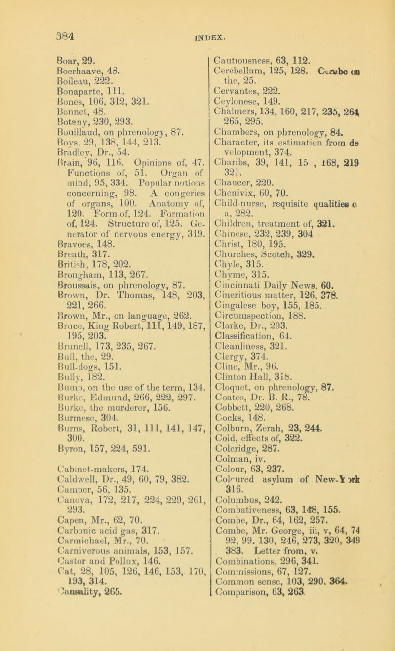 Boar, 29. Boerhaave, 48. Boileau, 222. Bonaparte, 111. Bones, 106, 312, 321. Bonnet, 48. Botany, 230, 293. Bouillaud, on phrenology, 87. Boys, 29, 138, 144, 213.' Bradley, Dr., 54. Brain, 96, 116. Opinions of, 47. Functions of, 51. Organ of mind, 95, 334. Popular notions concerning, 98. A congeries of organs, 100. Anatomy of, 120. Form of, 124. Formation of, 124. Structure of, 125. Ge- nerator of nervous energy, 319. Bravoes, 148. Breath. 317. British, 178, 202. Brougham, 113, 267. Broussais, on phrenology, 87. Brown, Dr. Thomas, 148, 203, 221, 266. Brown, Mr., on language, 262. Bruce, King Robert, 111, 149, 187, 195, 203. Brunell, 173, 235, 267. Bull, the, 29. Bull-dogs, 151. Bully, 182. Bump, on the use of the term, 134. Burke, Edmund, 266, 222, 297. Burke, the murderer, 156. Burmese, 304. Burns, Robert, 31, 111, 141, 147, 300. Byron, 157, 224, 591. Cabinet-makers, 174. Caldwell, Dr., 49, 60, 79, 382. Camper, 56, 135. Canova, 172, 217, 224, 229, 261, 293. Capen, Mr., 62, 70. Carbonic acid gas, 317. Carmichael, Mr., 70. Carniverous animals, 153, 157. Castor and Pollux, 146. Cat, 28, 105, 126, 146, 153, 170, 193, 314. Causality, 265. Cautiousness, 63, 112. Cerebellum, 125, 128. Cuvbe o® the, 25. Cervantes, 222. Ceylonese, 149. Chalmers, 134, 160, 217, 235, 264, 265, 295. Chambers, on phrenology, 84. Character, its estimation from de velopment, 374. Charibs, 39, 141, 15 , 168, 219 321. Chaucer, 220. Chenivix, 60, 70. Child-nurse, requisite qualities o a, 282. Children, treatment of, 321. Chinese, 232, 239, 304 Christ, 180, 195. Churches, Scotch, 329. Chyle, 315. Chyme, 315. Cincinnati Daily News, 60. Cineritious matter, 126, 378. Cingalese boy, 155, 185. Circumspection, 188. Clarke, Dr., 203. Classification, 64. Cleanliness, 321. Clergy, 374. Cline, Mr., 96. Clinton Hall, 3 ib. Cloquet, on phrenology, 87. Coates, Dr. B. R., 78/ Cobbett, 220, 268. Cocks, 148. Colburn, Zerah, 23, 244. Cold, effects of, 322. Coleridge, 287. Colman, iv. Colour, 63, 237. Coloured asylum of New-\ ork 316. Columbus, 242. Combativeness, 63, 148, 155. Combe, Dr., 64, 162, 257. Combe, Mr. George, iii, v, 64, 74 92, 99. 130, 246, 273, 320, 349 383. Letter from, v. Combinations, 296, 341. Commissions, 67, 127. Common sense, 103, 290, 364. Comparison, 63, 263